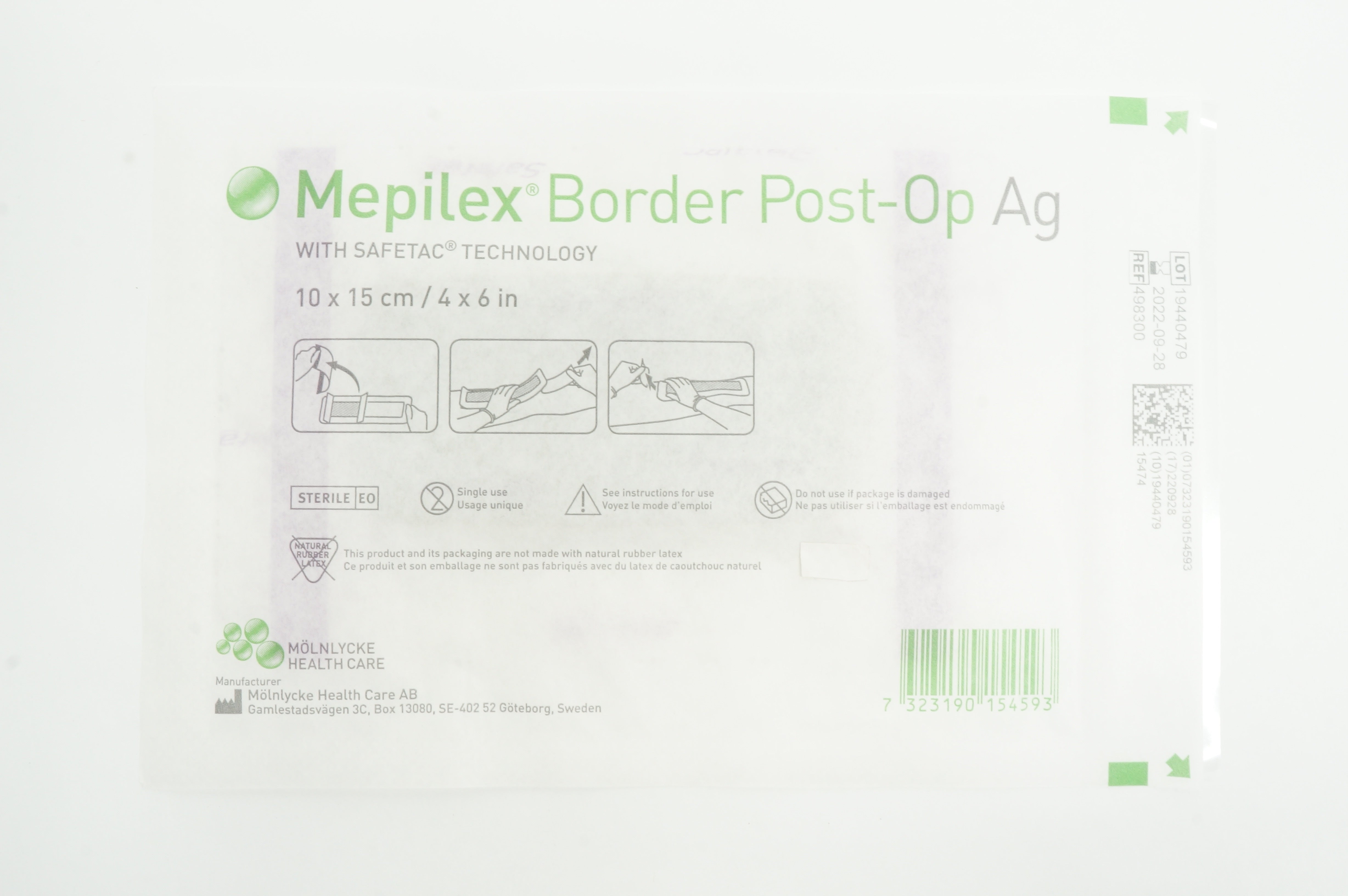 Mölnlycke 498300 Mepilex Border PostOp Ag, with Safetac Technology 4in