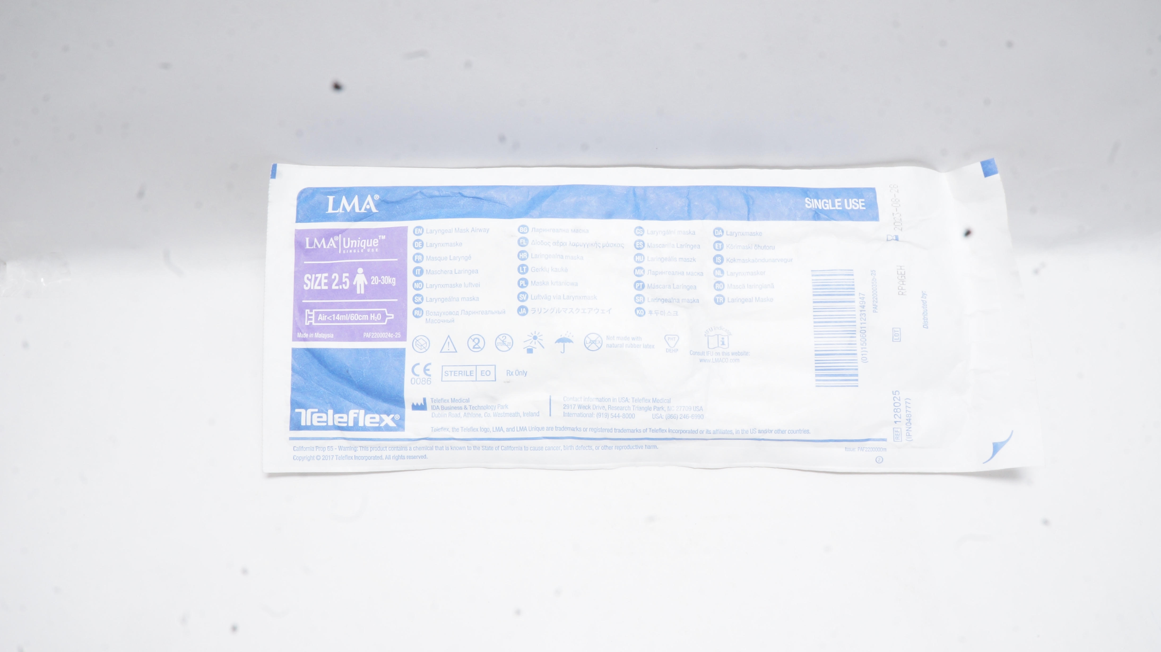 Teleflex 128025 LMA Laryngeal Mask Airway Size 2.5,20-30kg <14ml/60cm H2O (x)