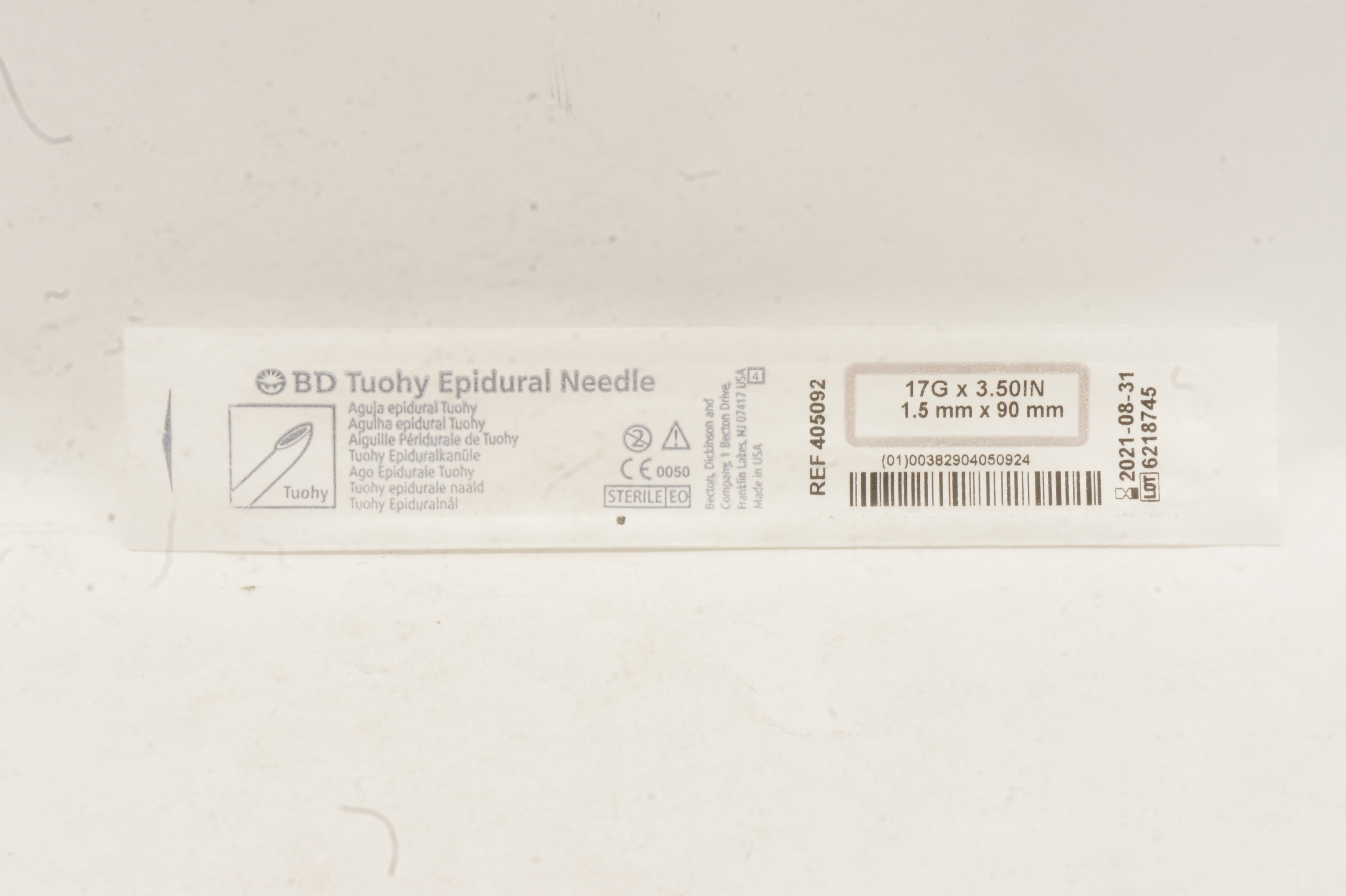 BD 405092 Becton Tuohy Epidural Ndle. 17G x 3.50inch