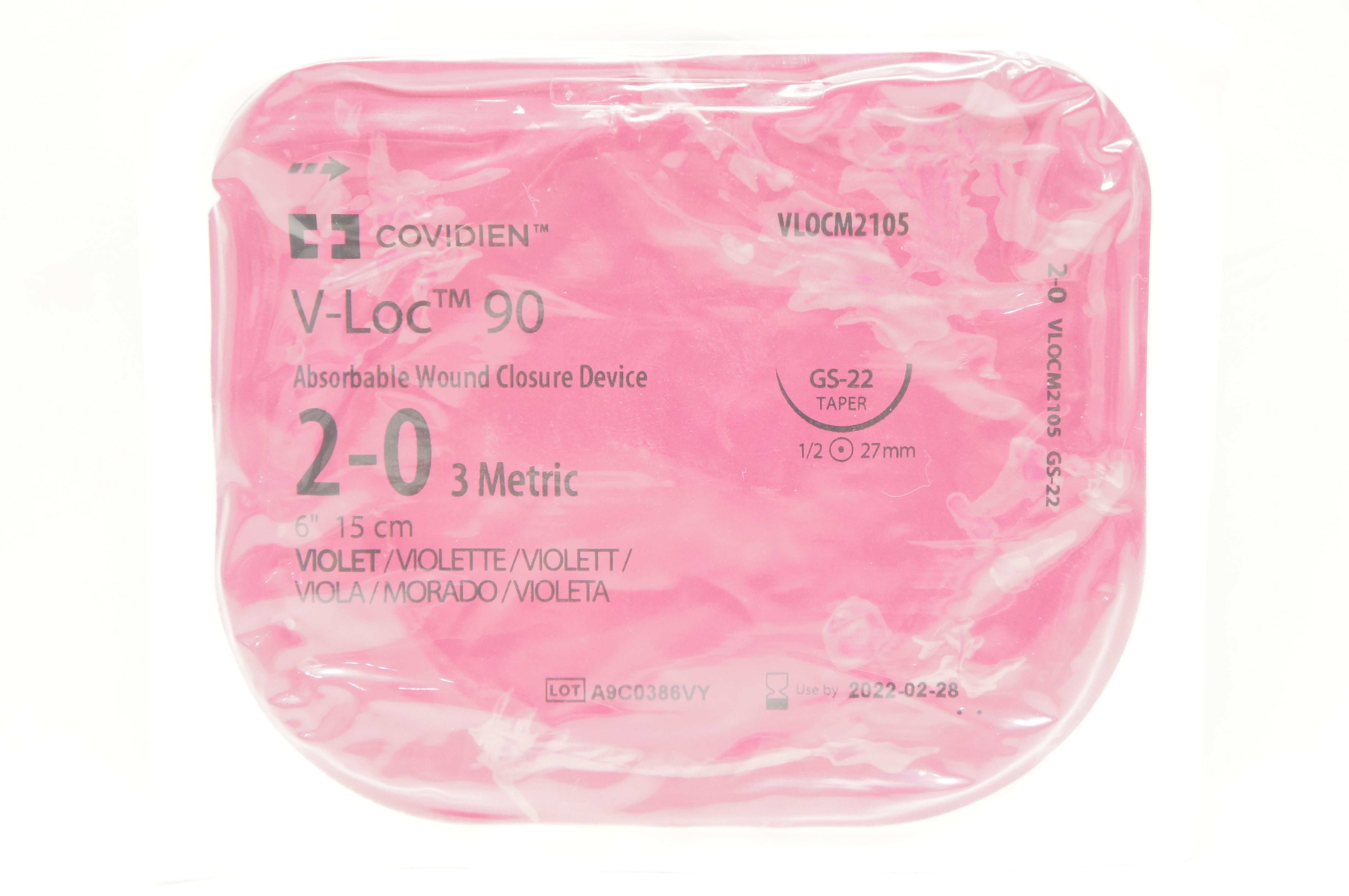 Covidien VLOCM2105, 2-0 V-Loc 90 Violet, GS-22, 1/2c 27mm Taper, 6inch