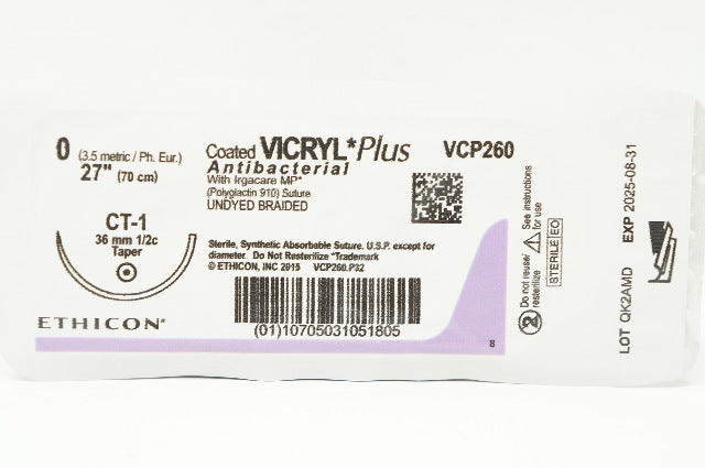 Ethicon VCP260 0 VICRYL Plus Antibacterial Stre CT-1, 36mm 1/2c Taper, 27inch