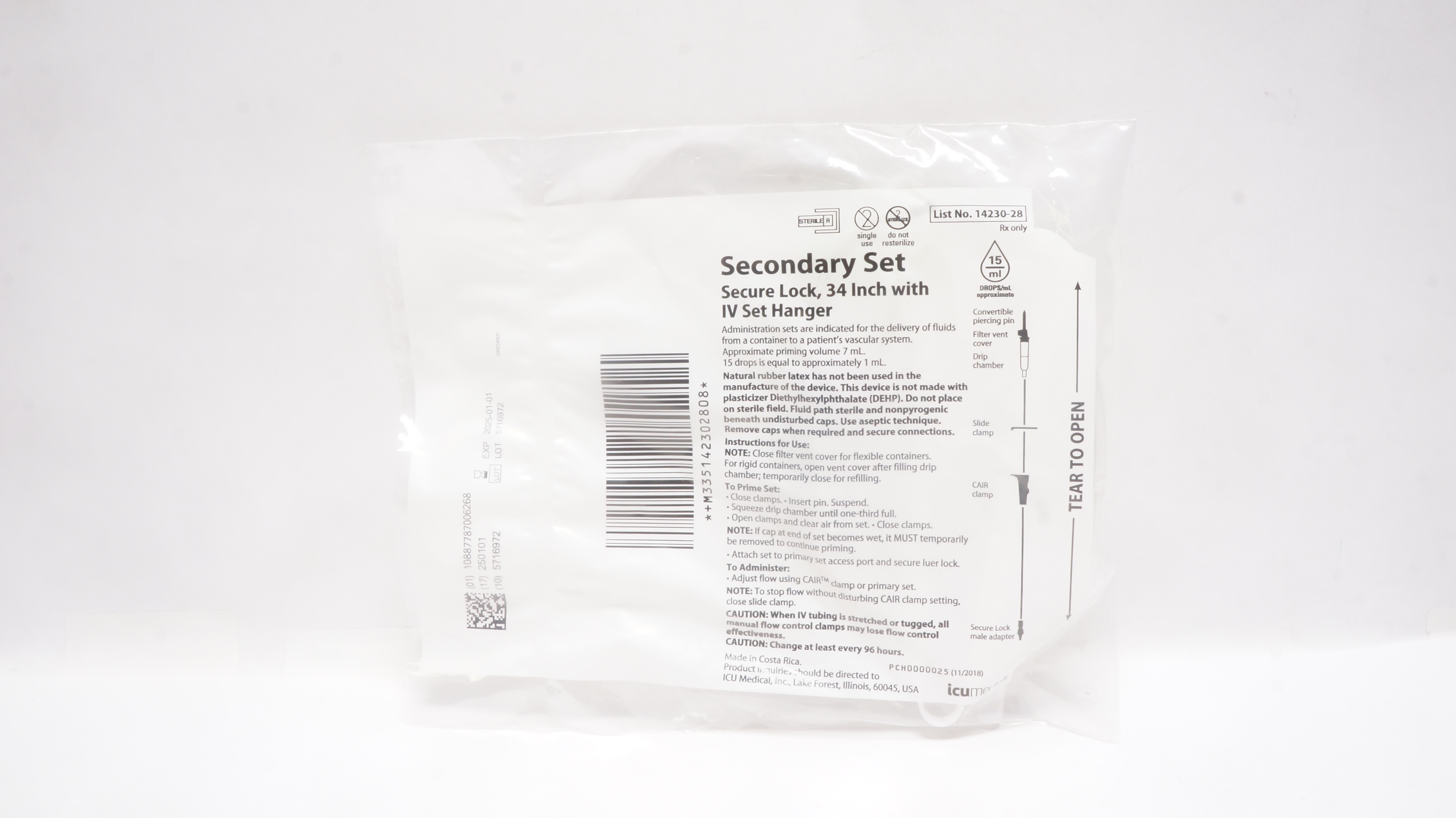 ICU Medical 14230-28 Secondary Set Secure Lock 34inch w/IV Set Hanger15 Drops/mL