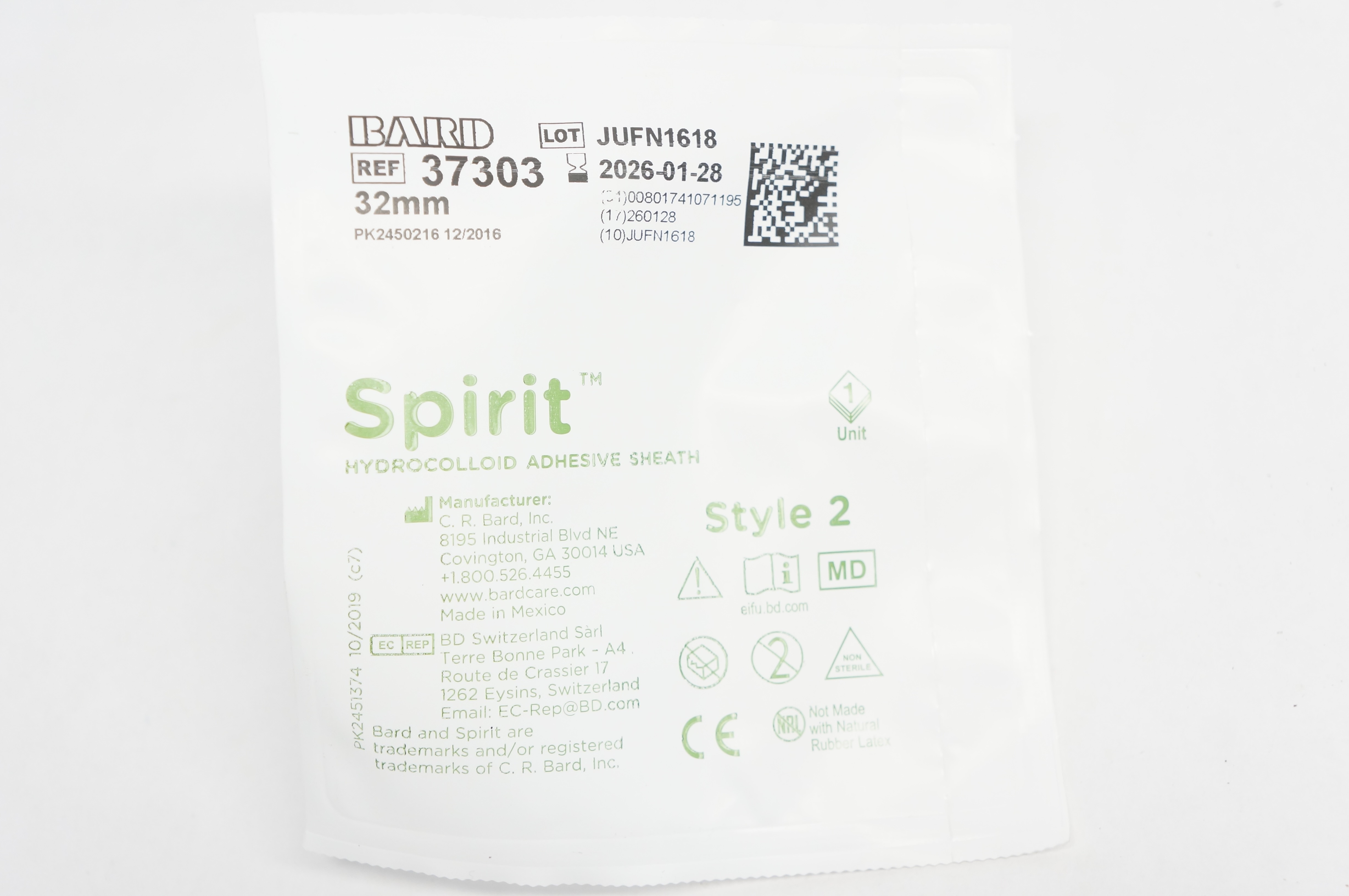 Bard 37303 Spirit Hydrocolloid Adhesive Sheath Style 2, 32mm