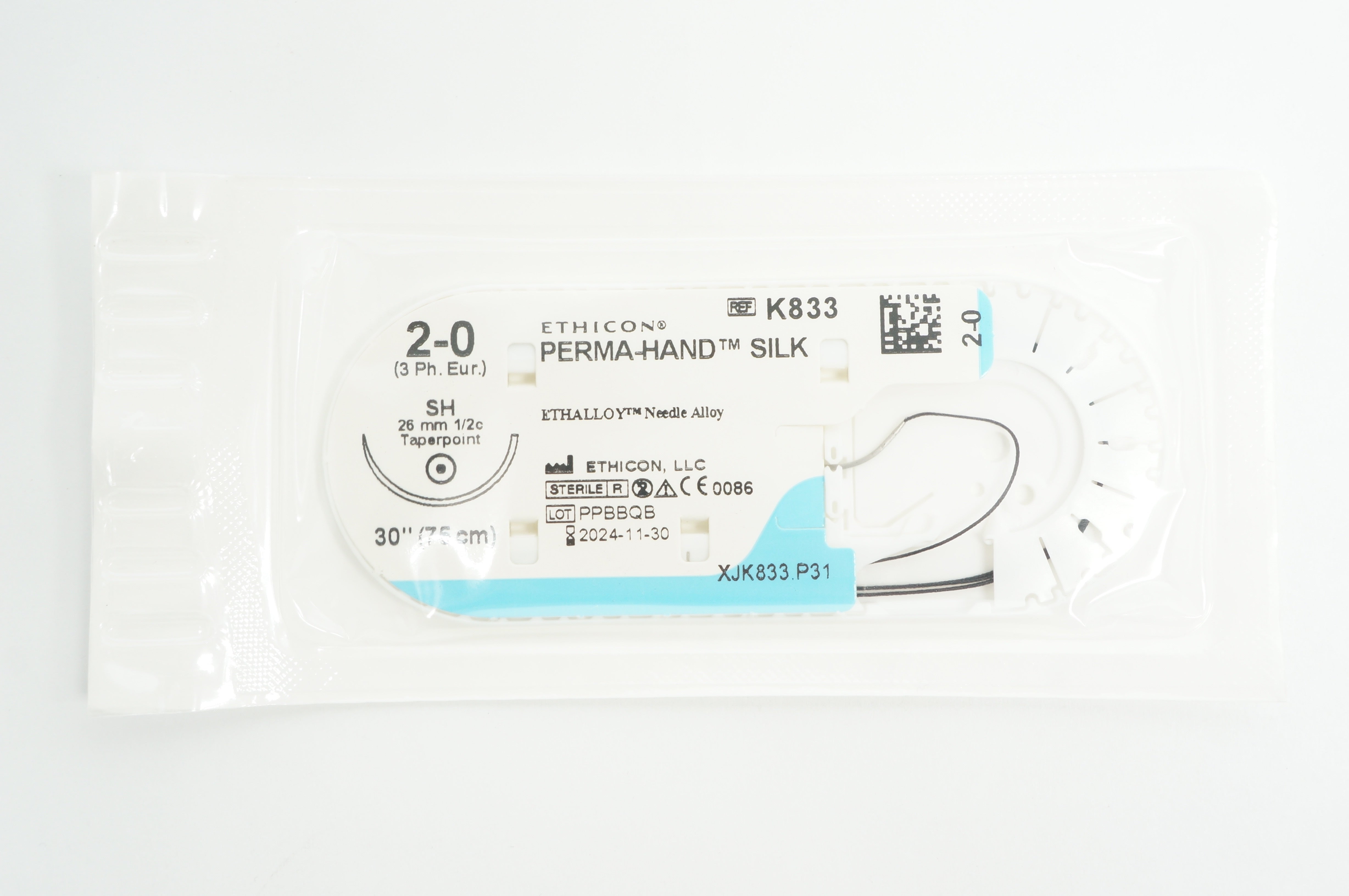 Ethicon K833 2-0 PERMA-HAND SILK SH, 26mm 1/2c Taperpoint, 30inch