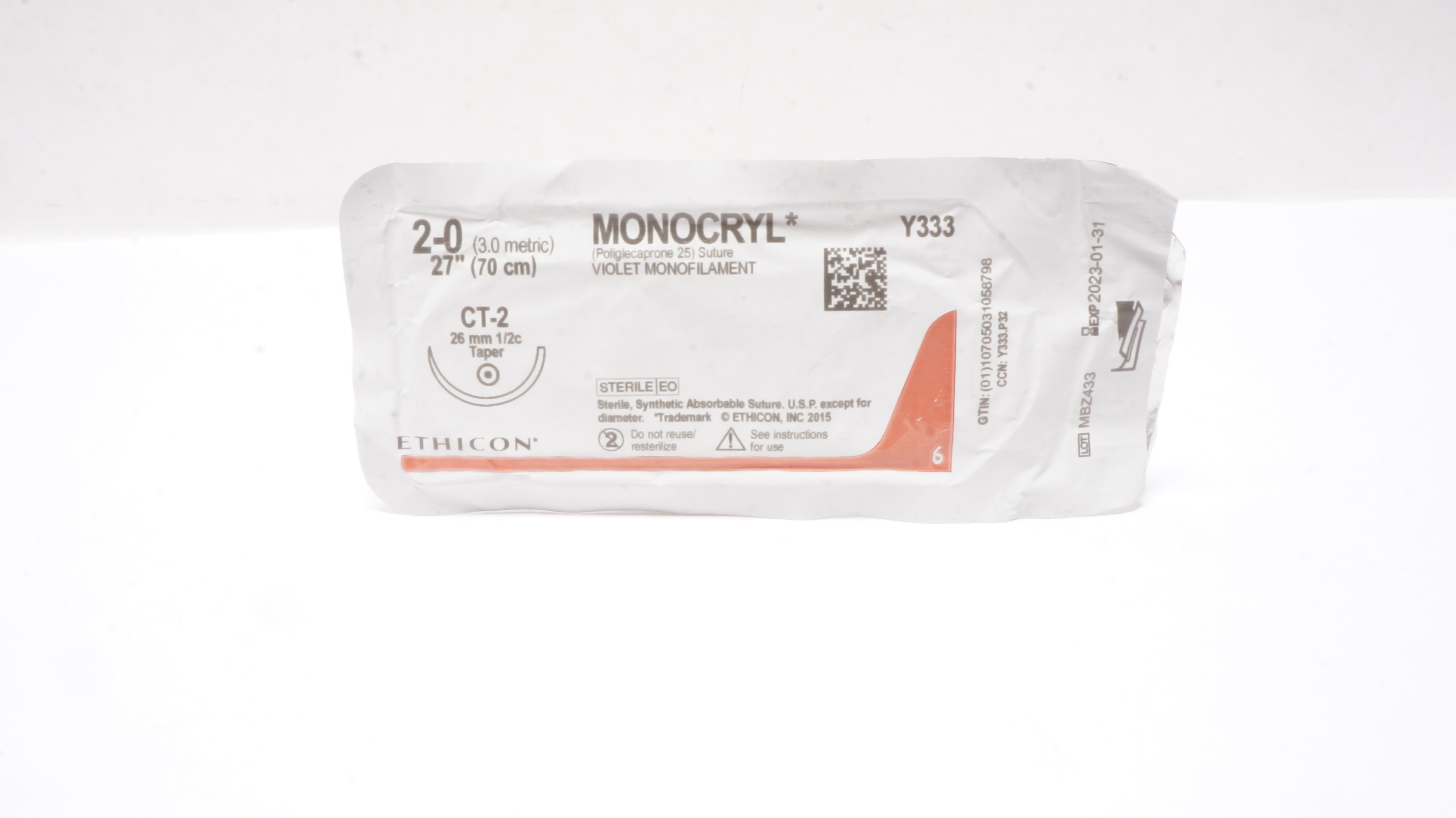Ethicon Y333 2-0 27in. MONOCRYL, CT-2 26mm Violet Monofilament Suture (x)