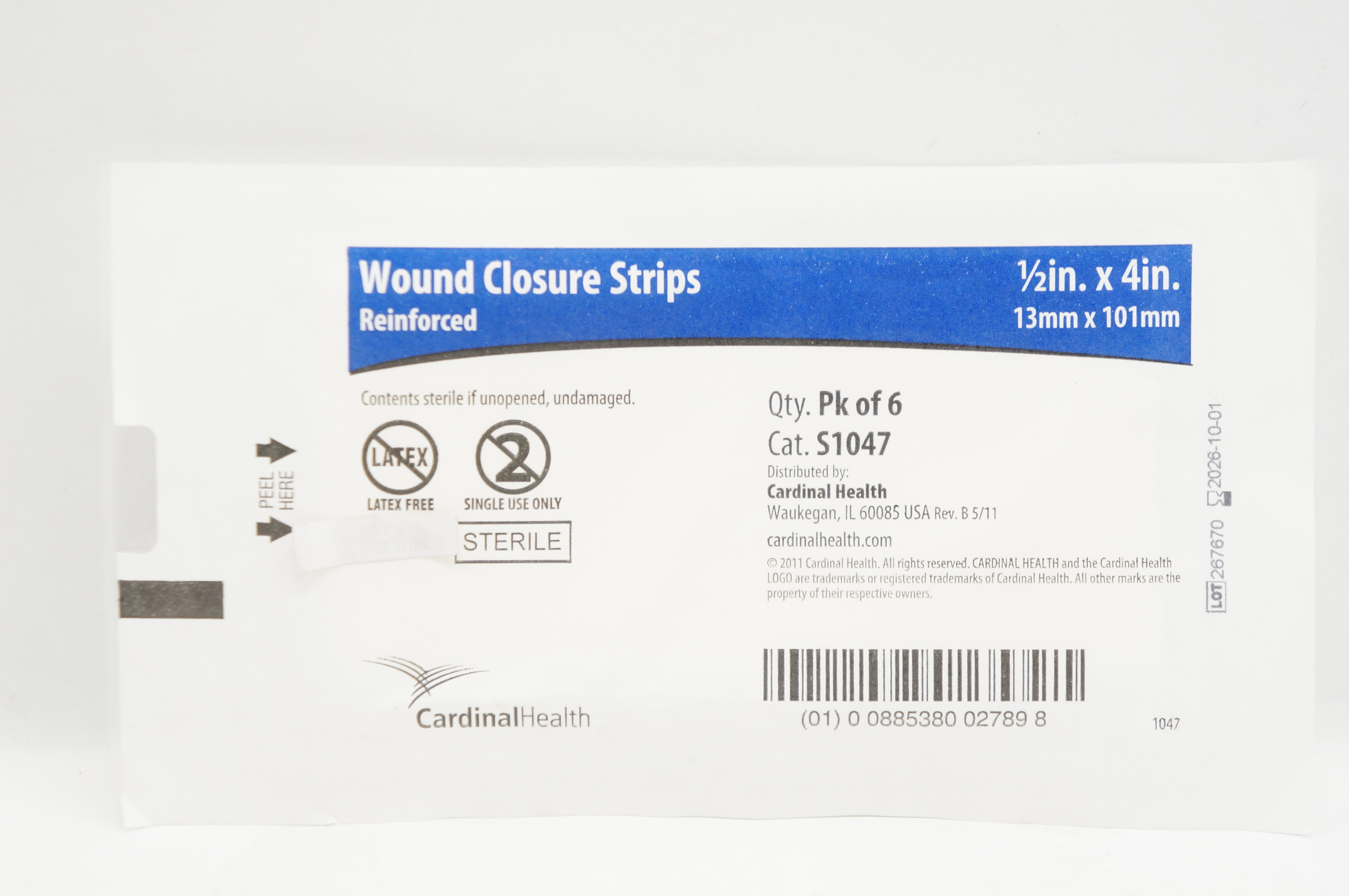 Cardinal Health S1047 Wound Closure Strips Reinforced 1/2inch x 4inch- Pack of 6