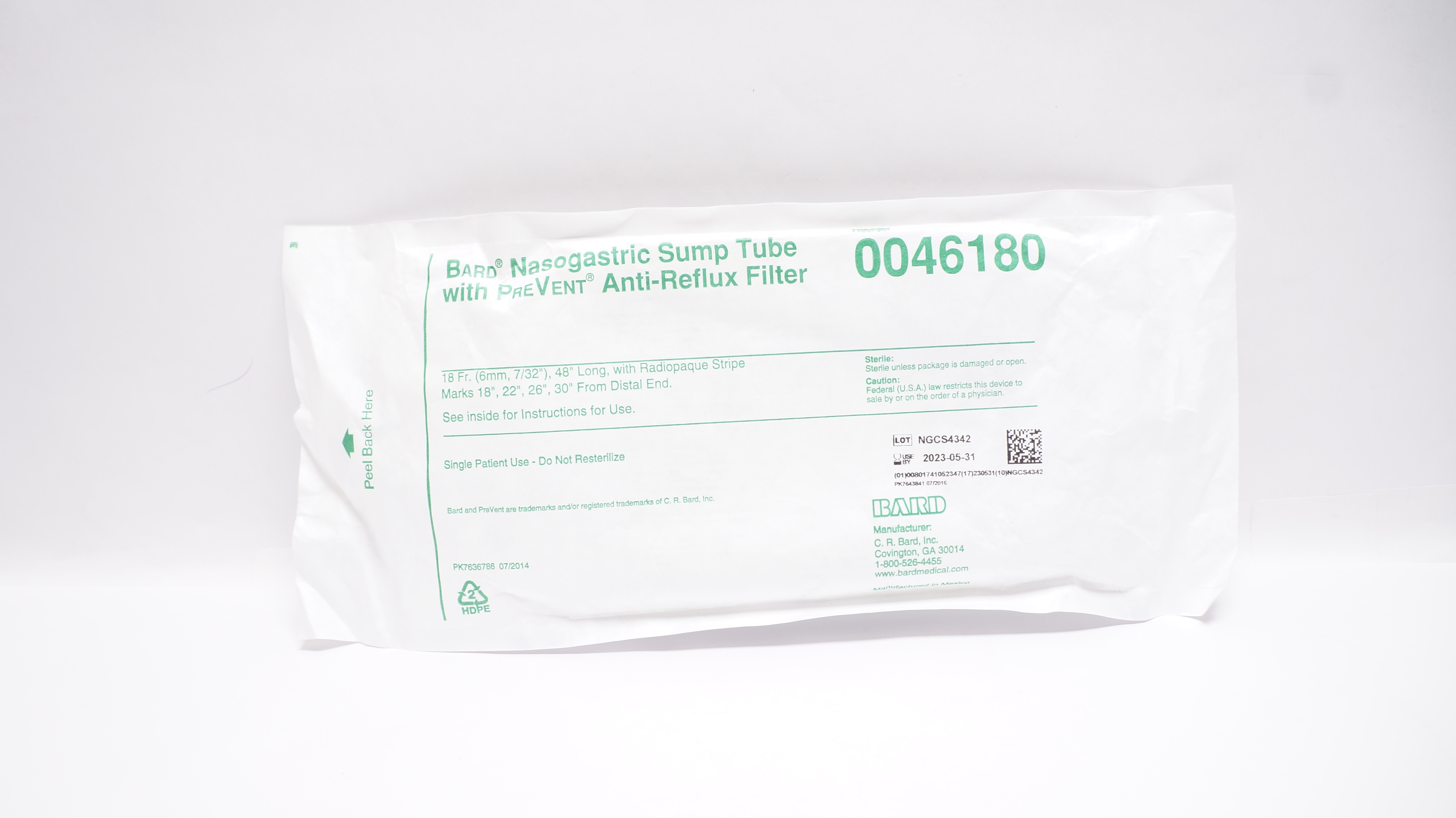 Bard 0046180 Nasogastric Sump Tube W/PreVent Anti-Reflux Filter 18Fr x 48inch(x)