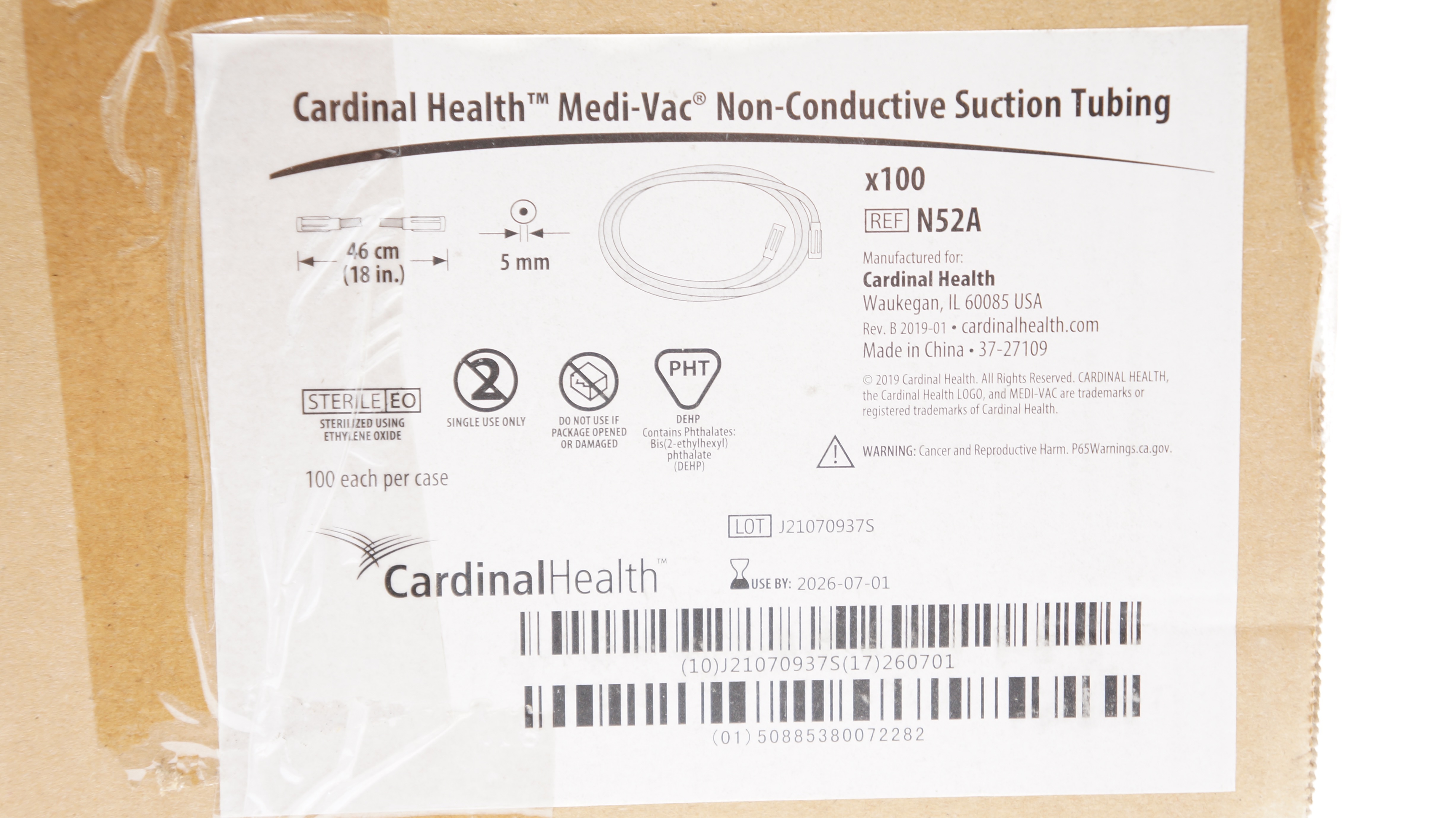 Cardinal Health N52A NonConductive Suction Tubing 5mm x 18inch Case