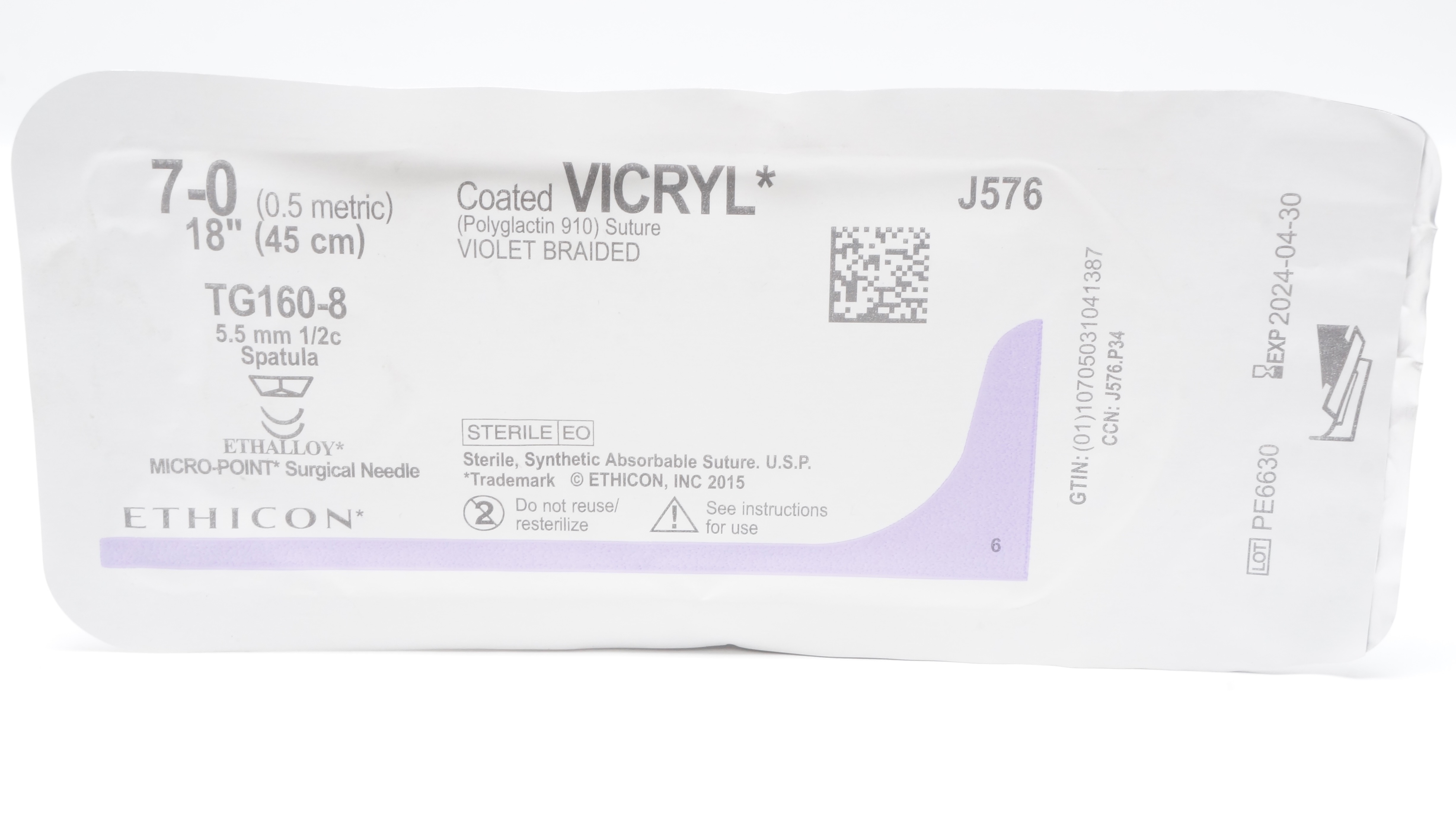 Ethicon J576 7-0 Coated VICRYL Stre TG160-8, 5.5mm 1/2c Spatula, 18inch (x)