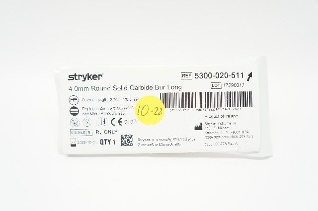 Stryker 5300-020-511 Round Solid Carbide Bur Long 4.0mm