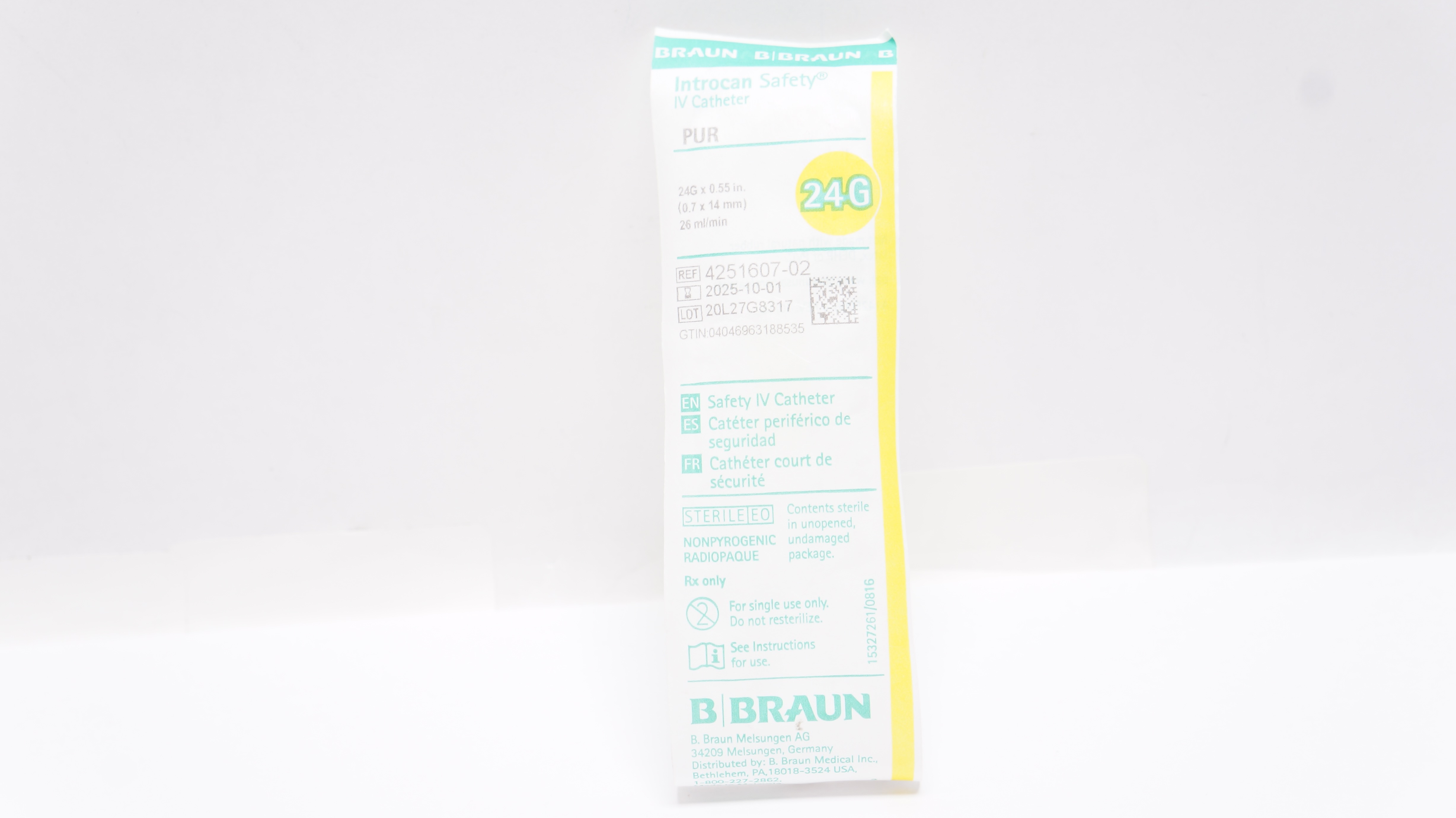 Braun 4251607-02 Introcan Safety IV Cath. 24G x 0.55inch 26ml/min