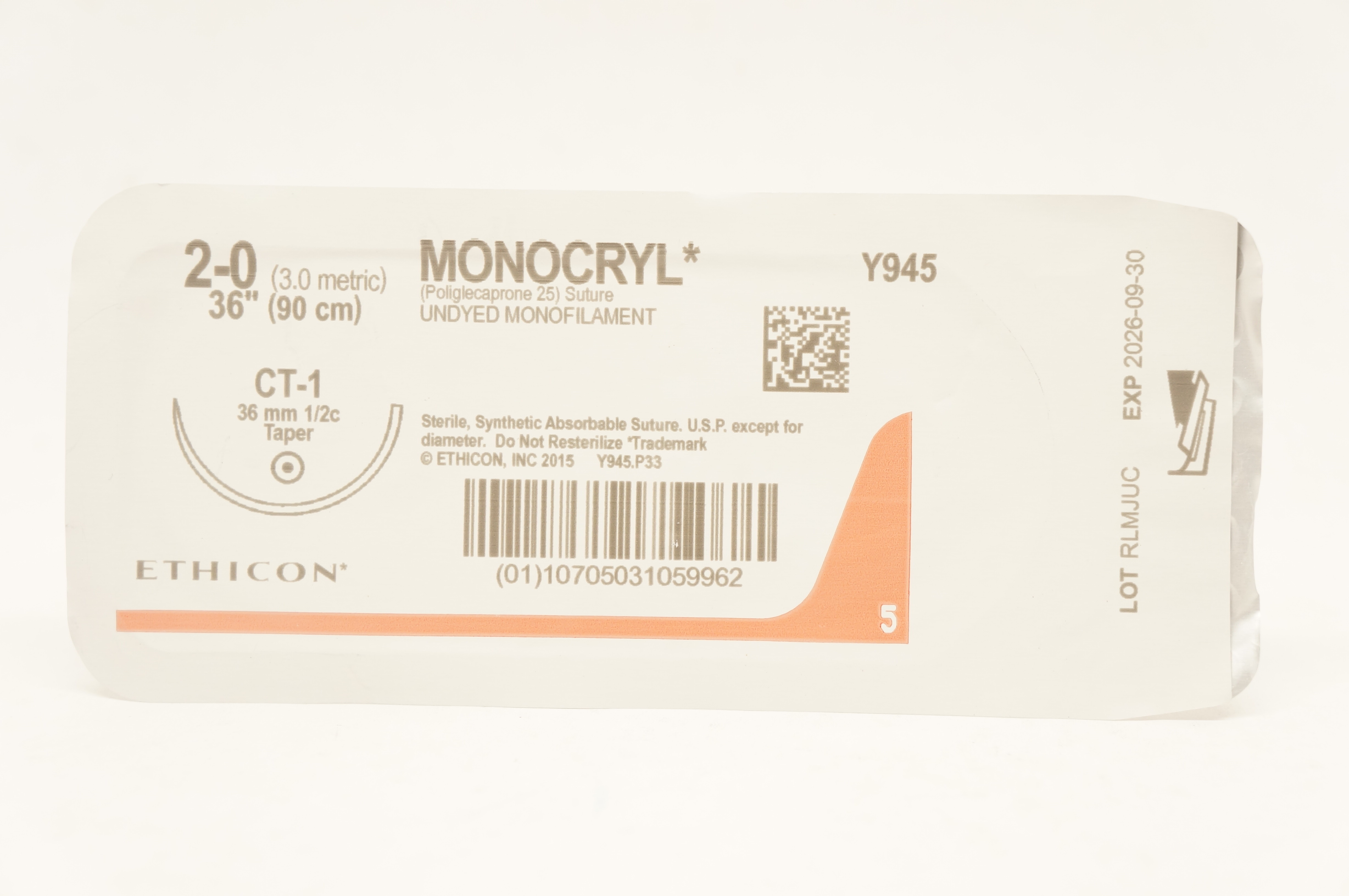 Ethicon Y945 2-0 MONOCRYL Poliglecaprone 25 Stre CT-1 36mm 1/2c Taper 36inch
