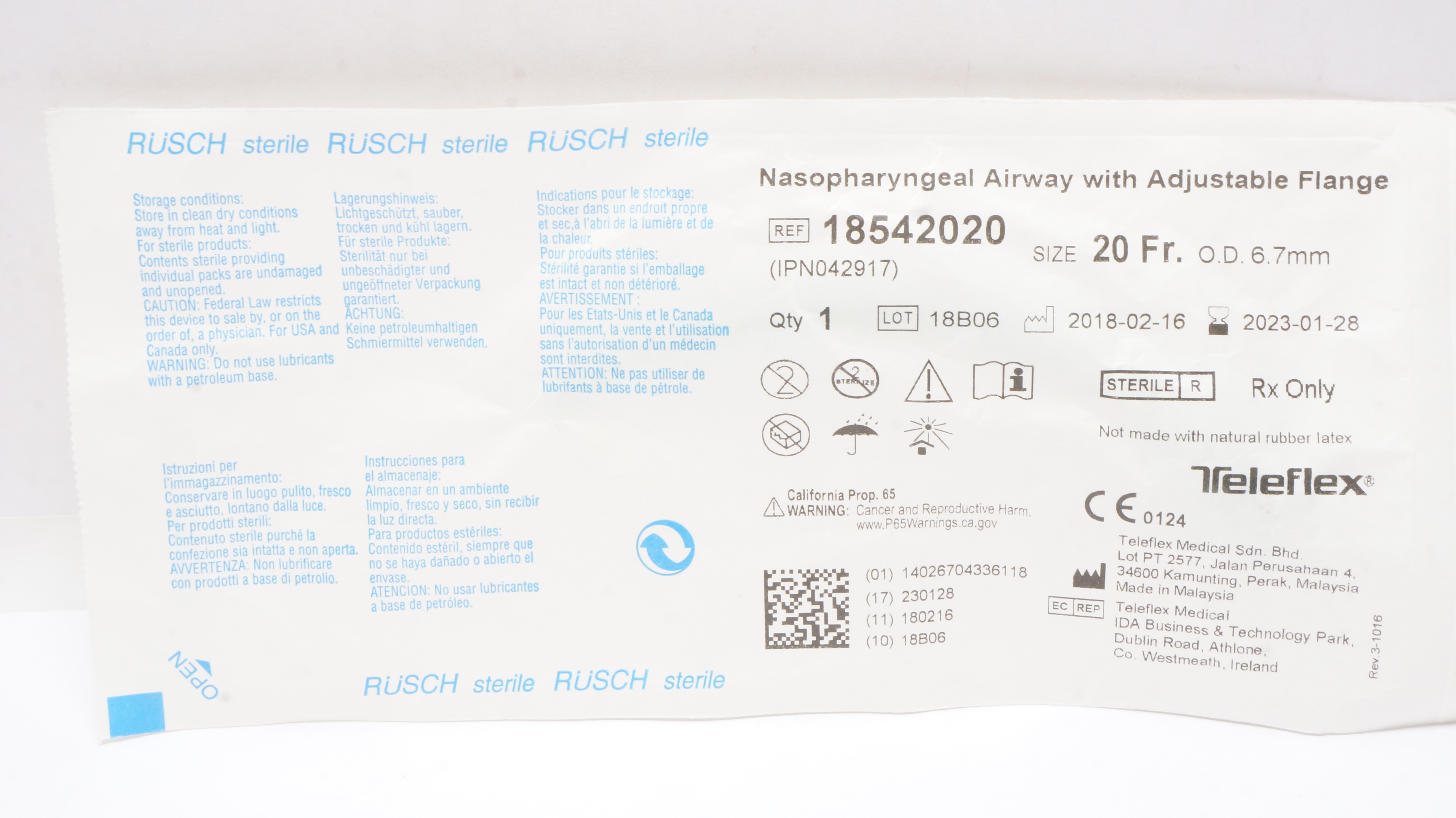 Teleflex 18542020 Rusch Nasopharyngeal Airway Adjustable Flange