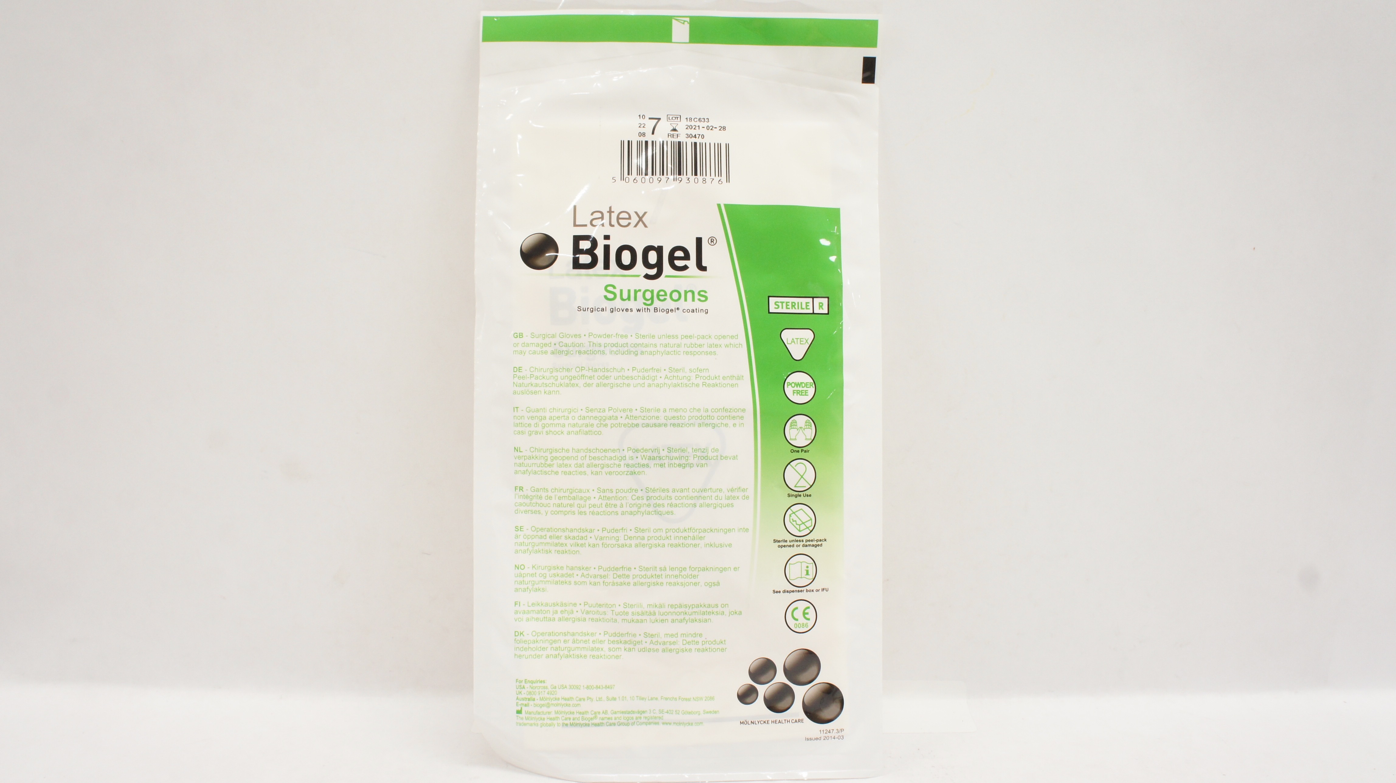 Molnlycke Health Care 30470 Latex Biogel Surgical Gloves, Size 7 (x)