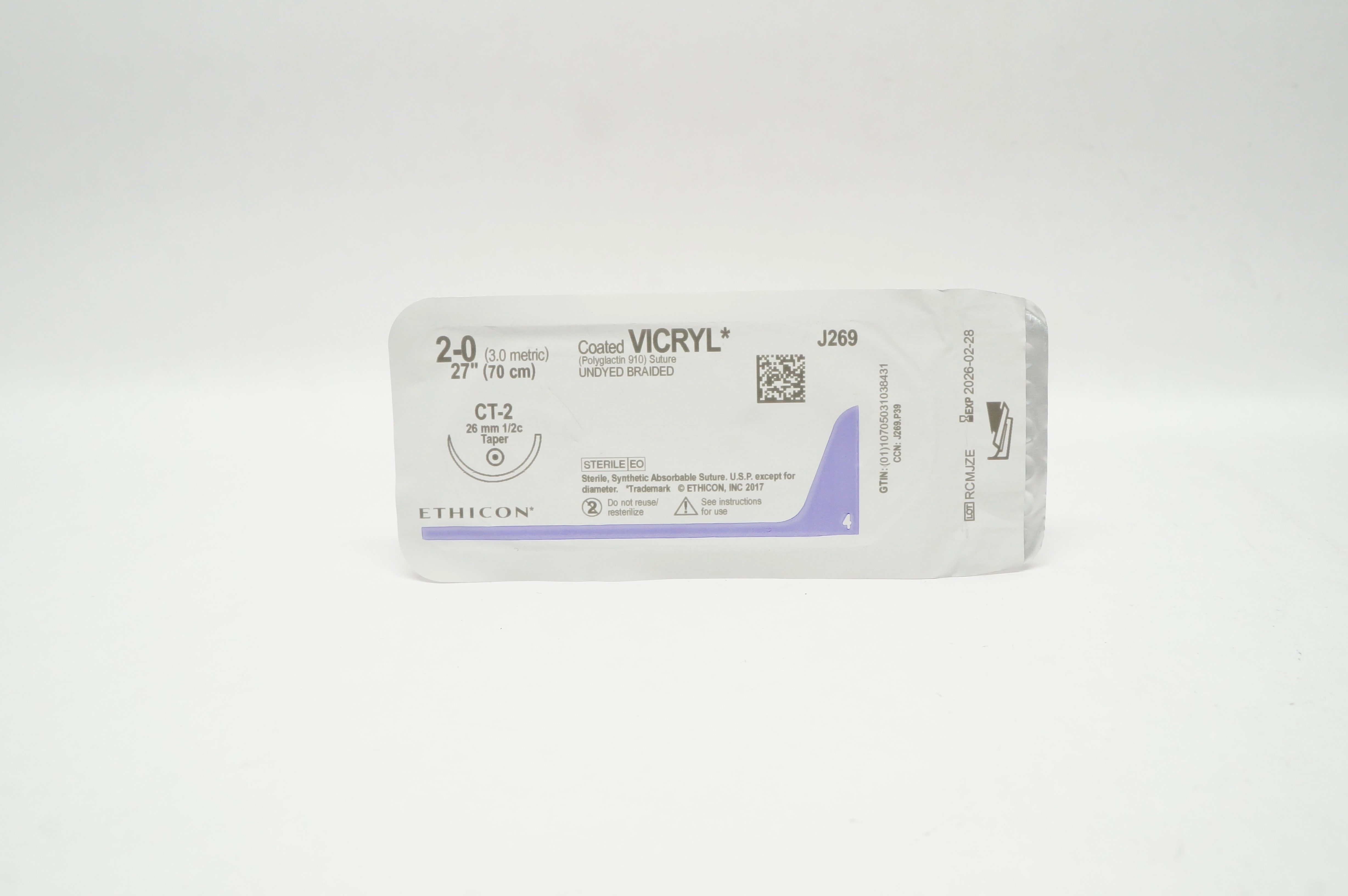 Ethicon J269 2-0 Coated VICRYL Polyglactin 910 Stre CT-2 26mm 1/2c Taper, 27inch