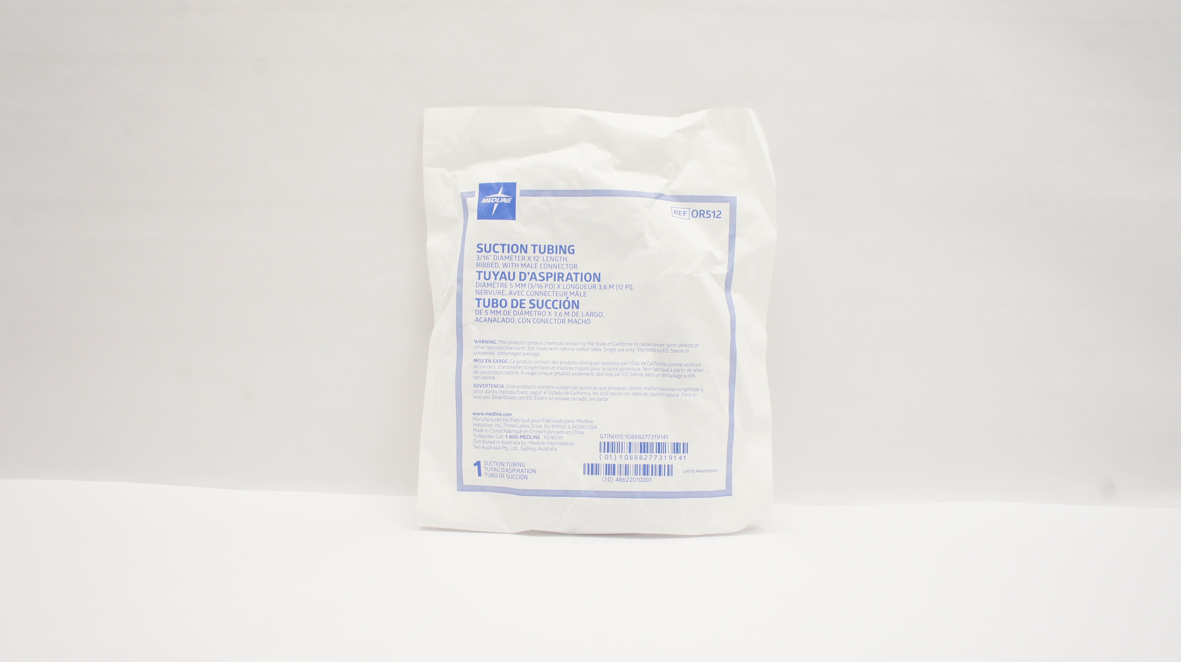 Medline OR512 Suction Tubing Ribbed, with Male Connector 3/16 inch x 12ft.