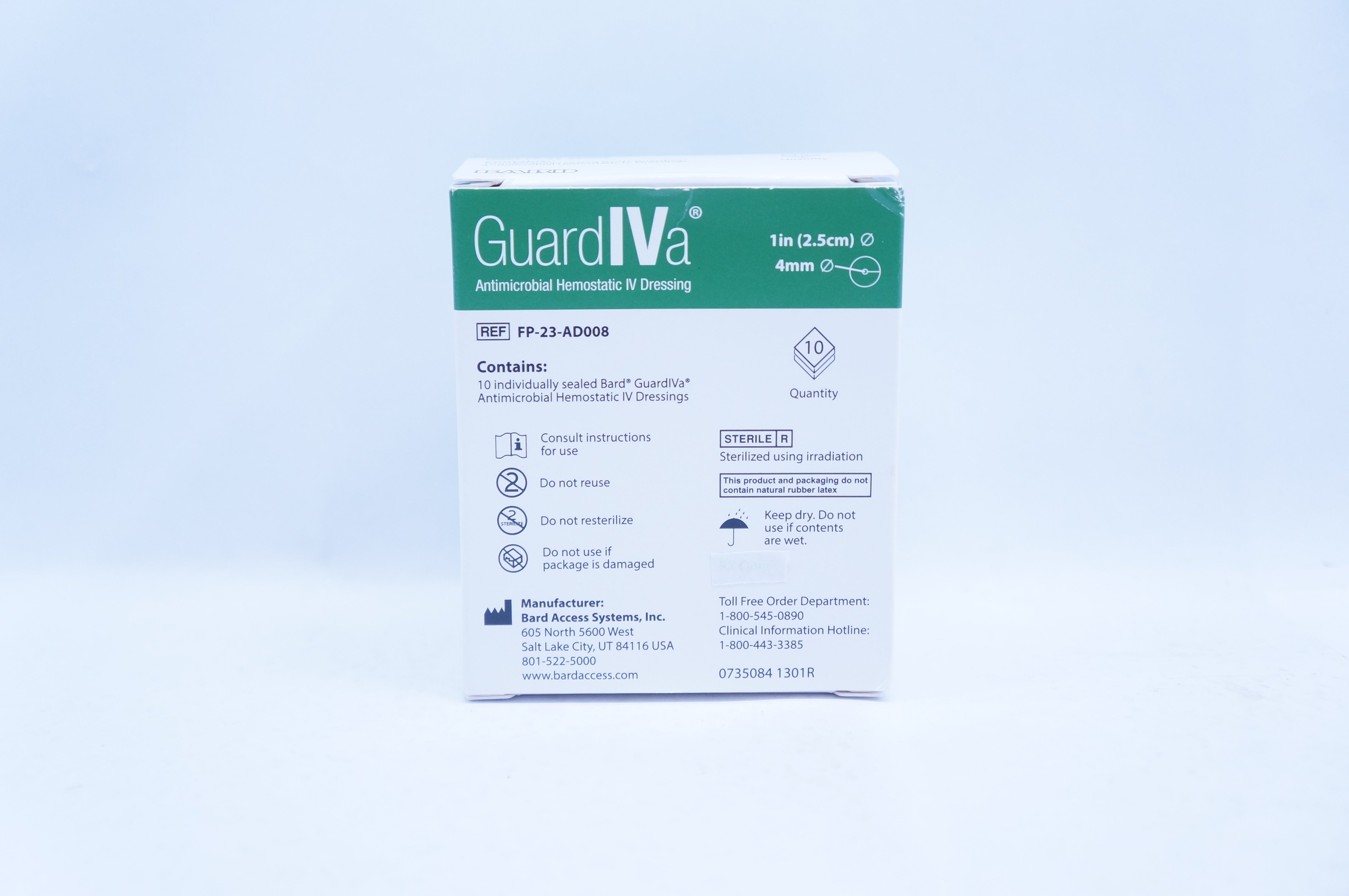 Bard FP23AD008 GuardIVa Antimicrobial Hemostatic IV Dressing 1inch x