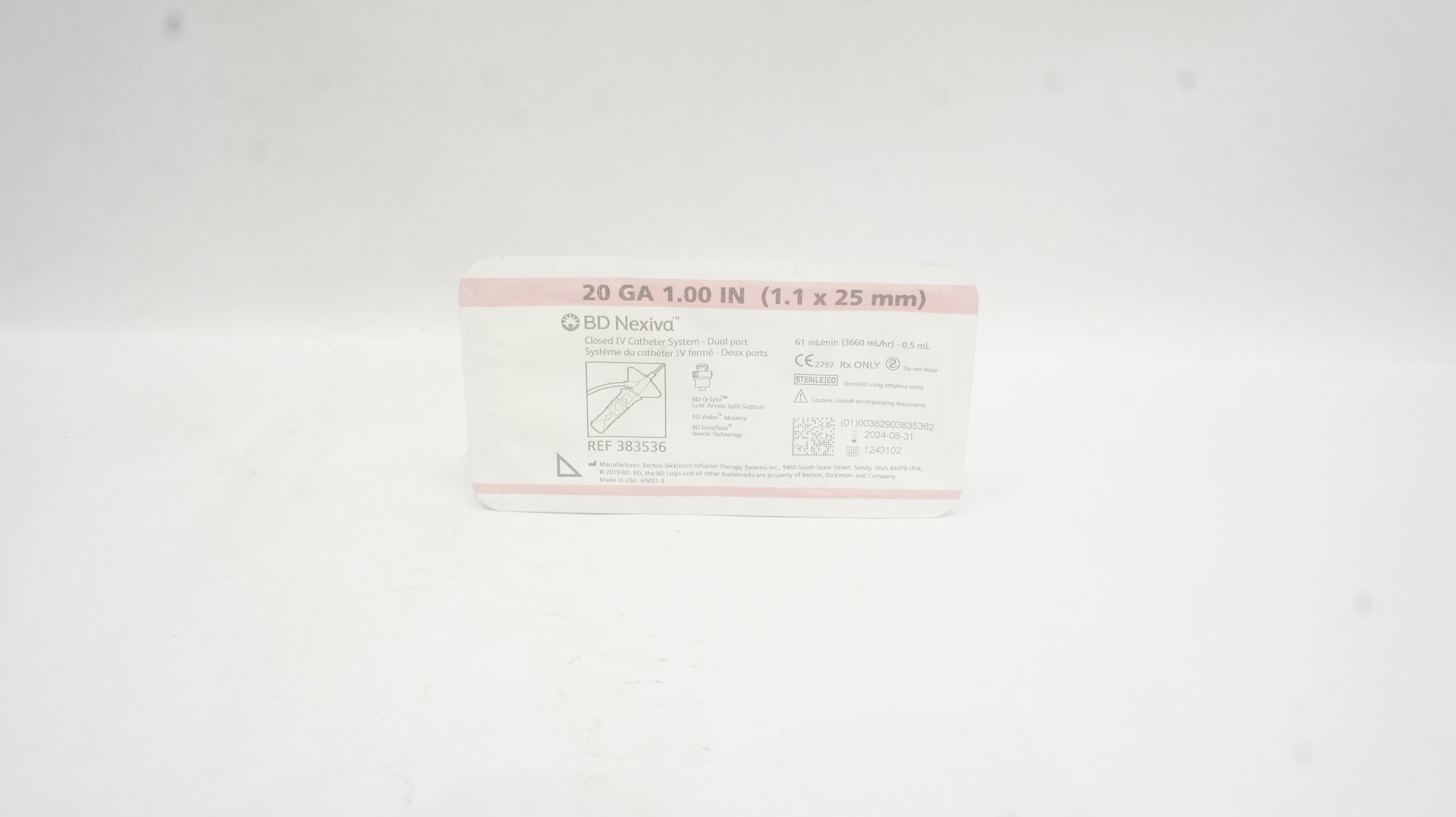 BD 383536 Nexiva Closed IV Cath. System Dual Port 20 Ga x 1.00inch 61mL/min