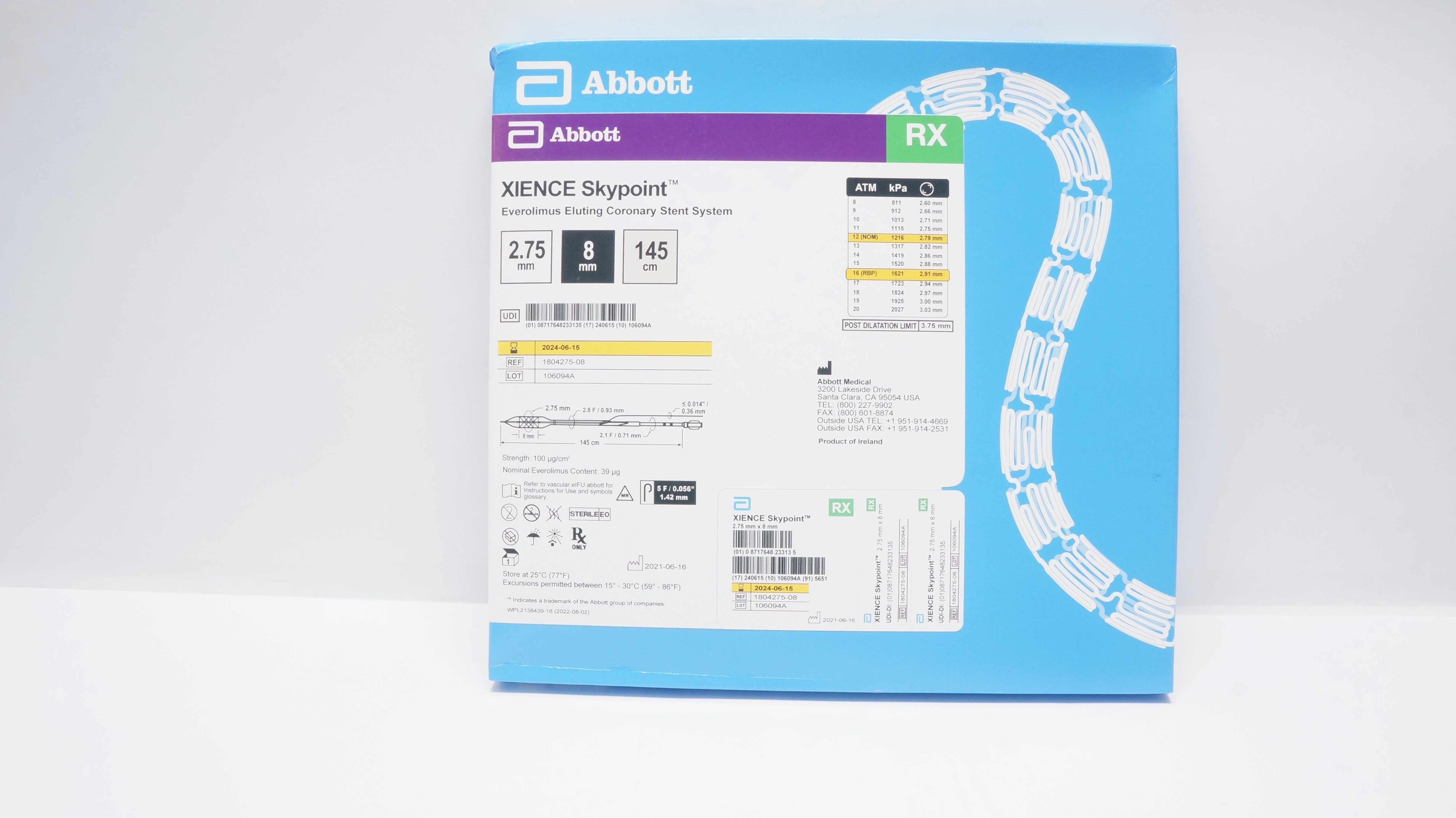 Abbott 1804275-08 Xience Skypoint Coronary Stnt System 145cm x 2.75 x 8mm (x)