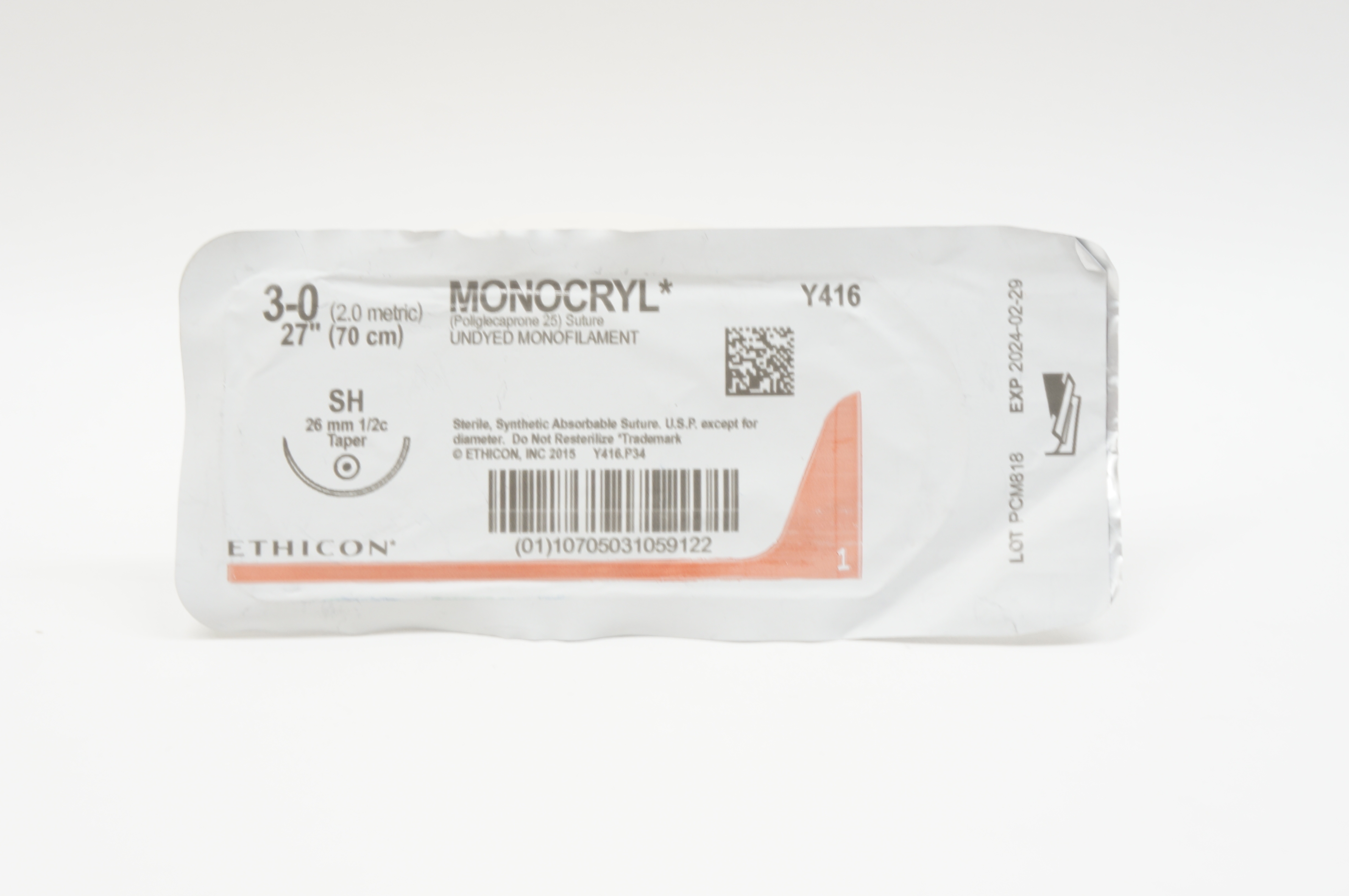 Ethicon Y416 3-0 MONOCRYL, SH, 26mm 1/2c Taper, 27inch