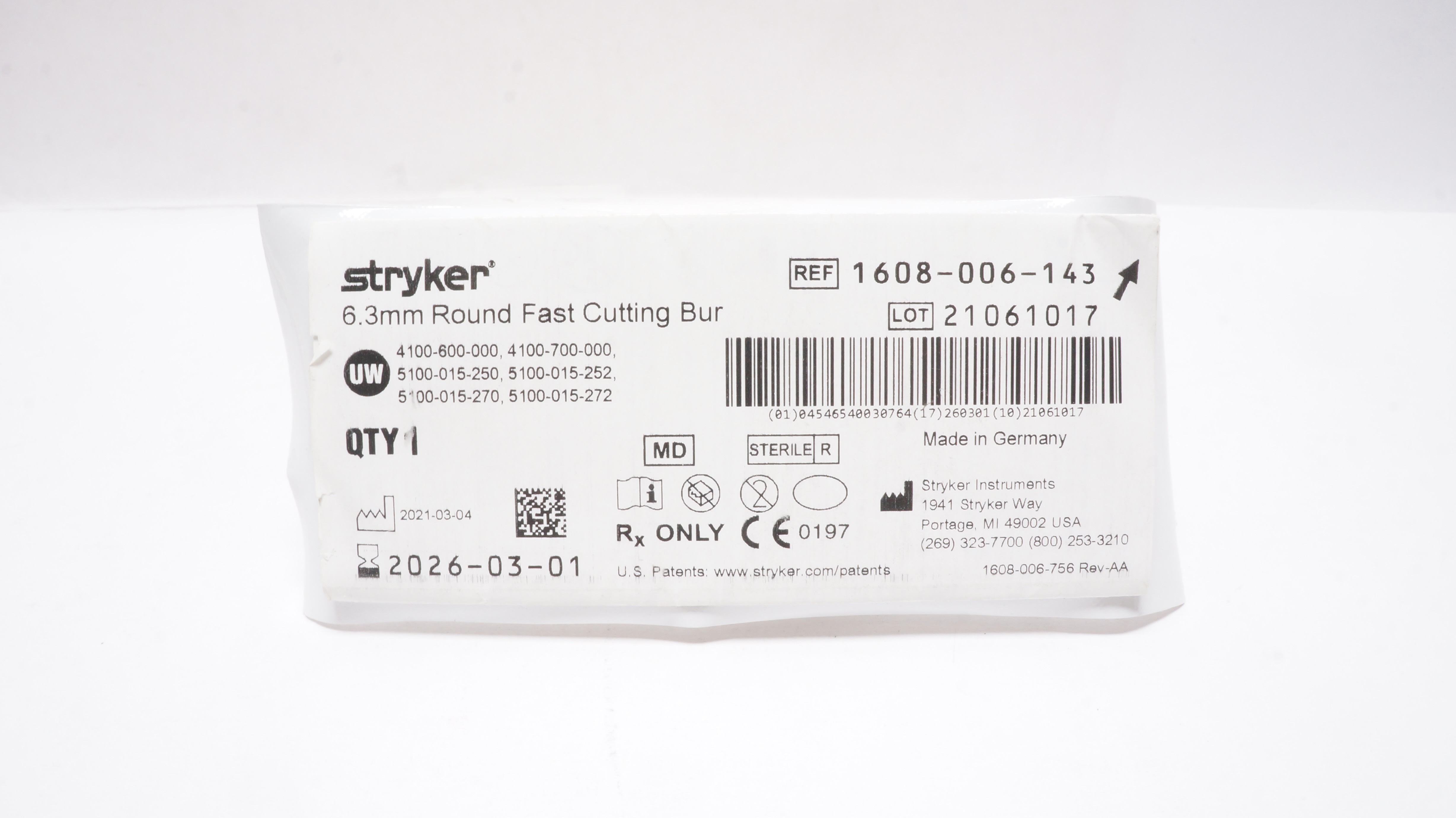 Stryker 1608-006-143 Round Fast Cutting Bur 6.3mm
