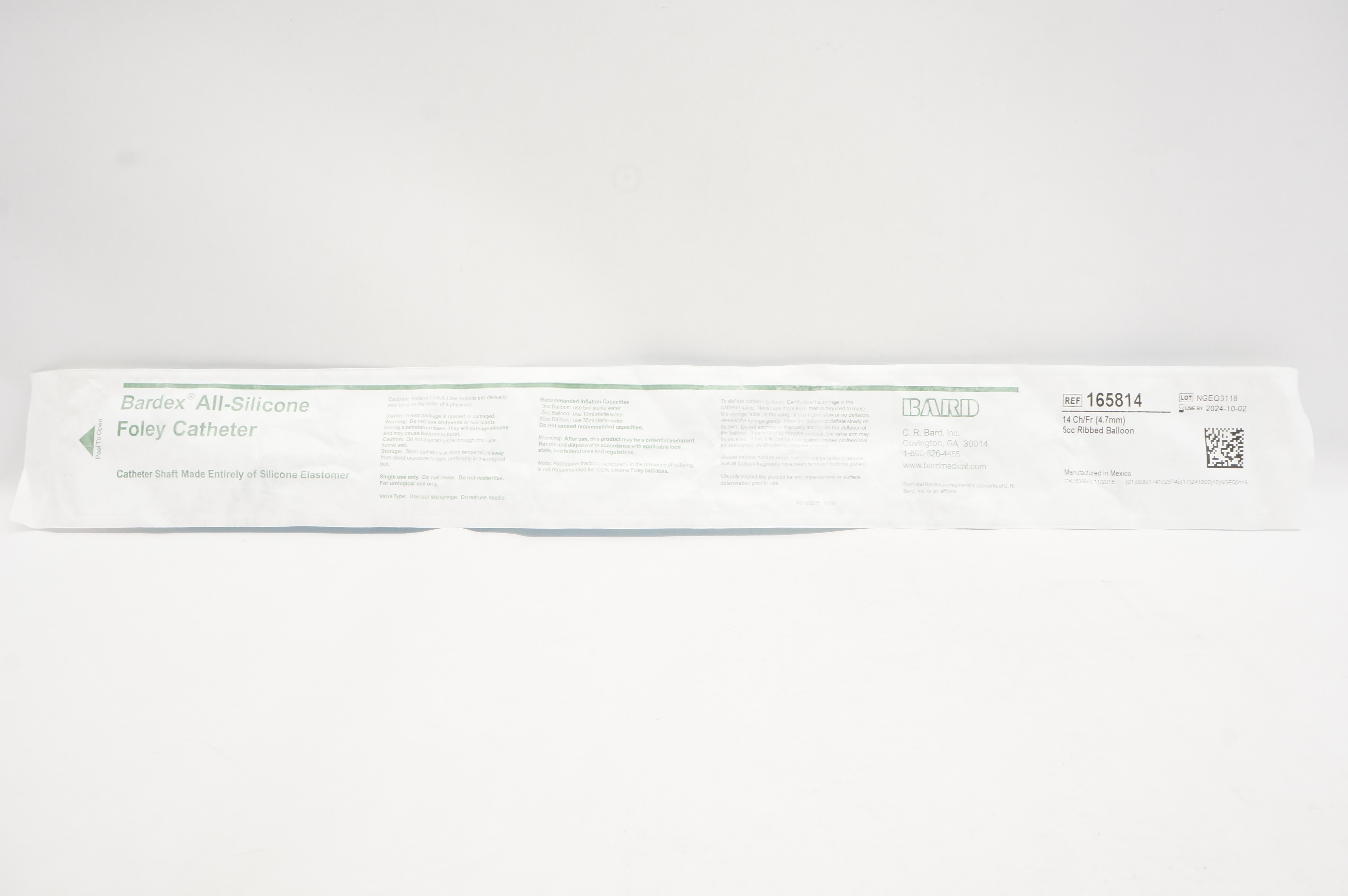 Bard 165814 All-Silicone Foley Cath. 14 Ch/Fr. 5cc Ribbed Balloon