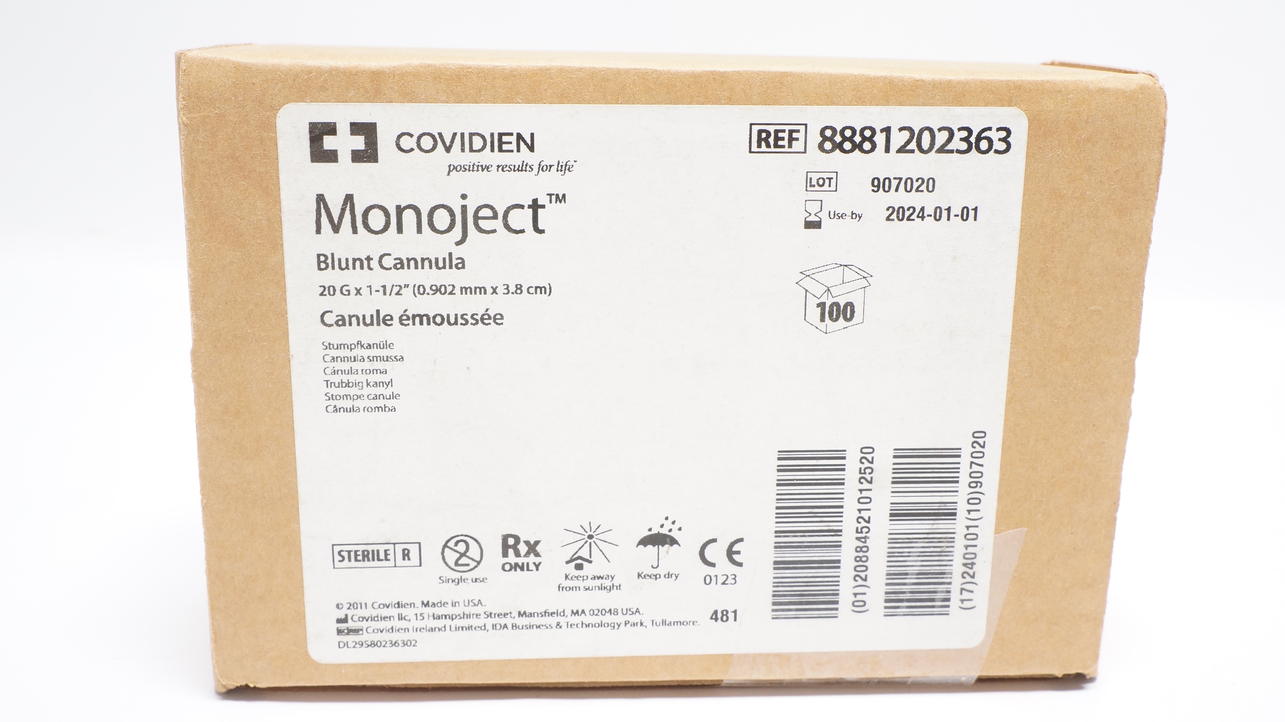Covidien 8881202363 Monoject Blunt Cannula 20G x 1-1/2inch (x) - Case of 100