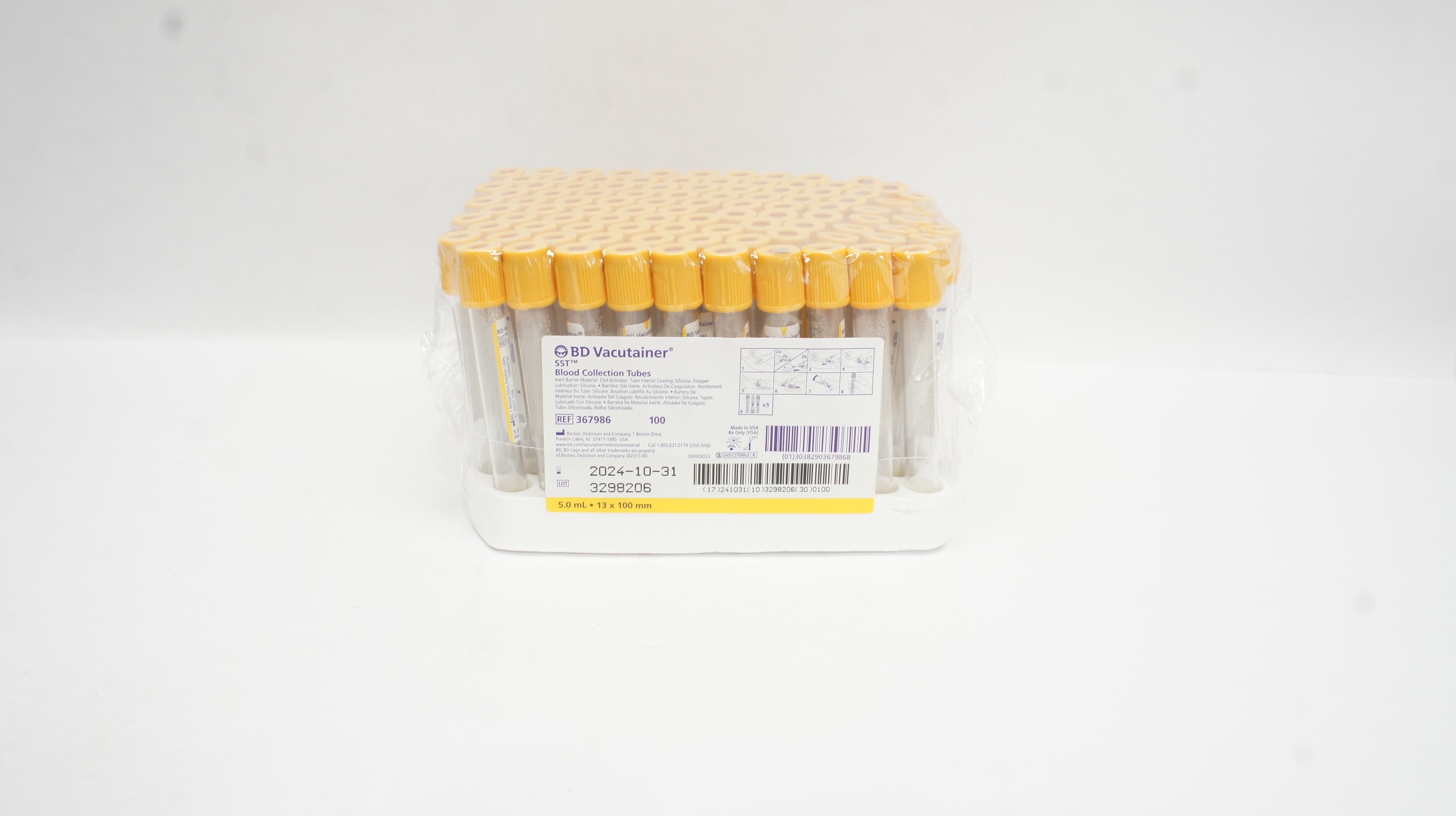 BD 367986 Vacutainer Blood Collection Tubes 5.0mL, 13 x 100mm - Box of 100