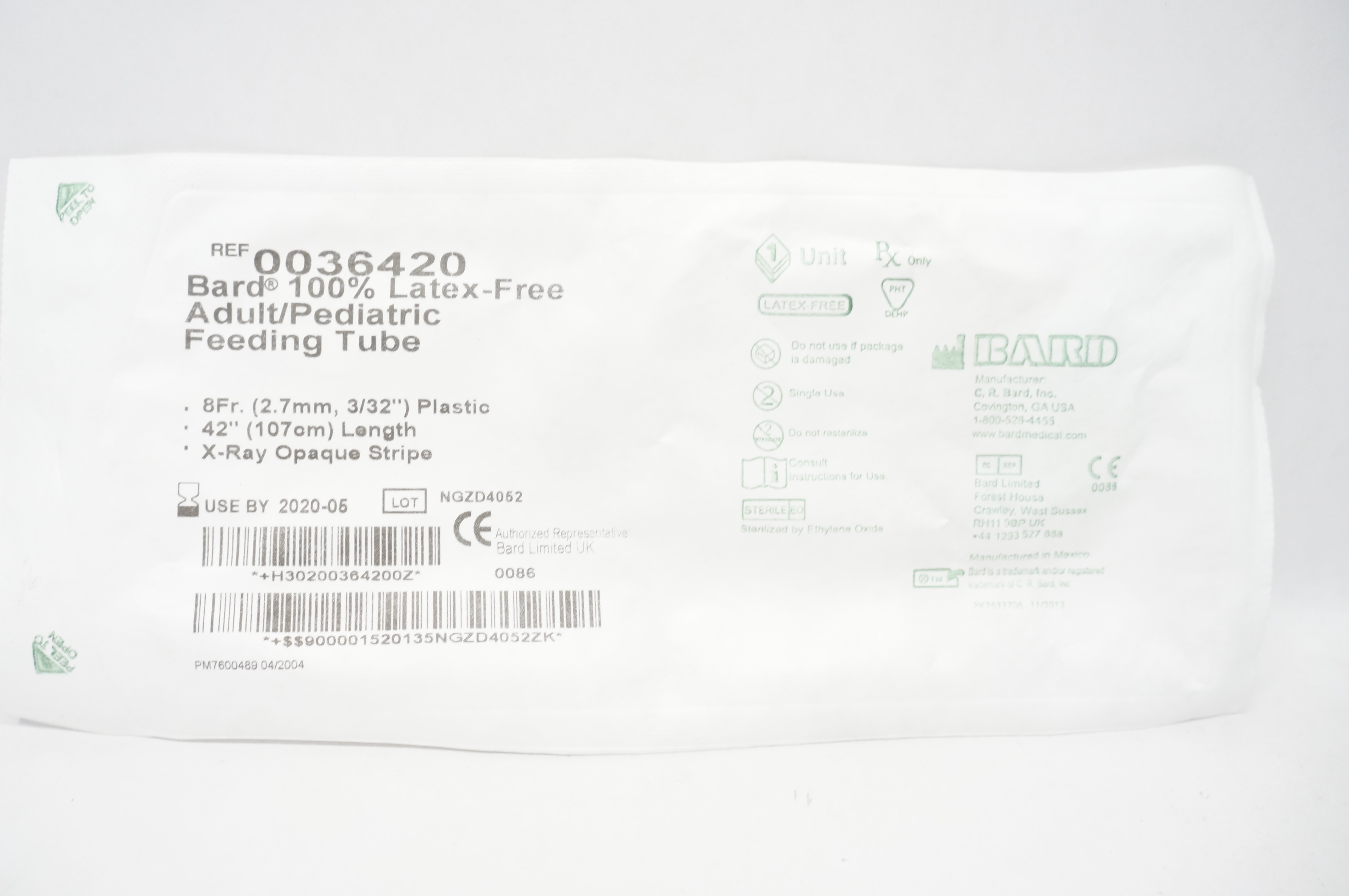 Bard 0036420 Latex-Free Adult/Pediatric Feeding Tube 8Fr. x 42inch(x)