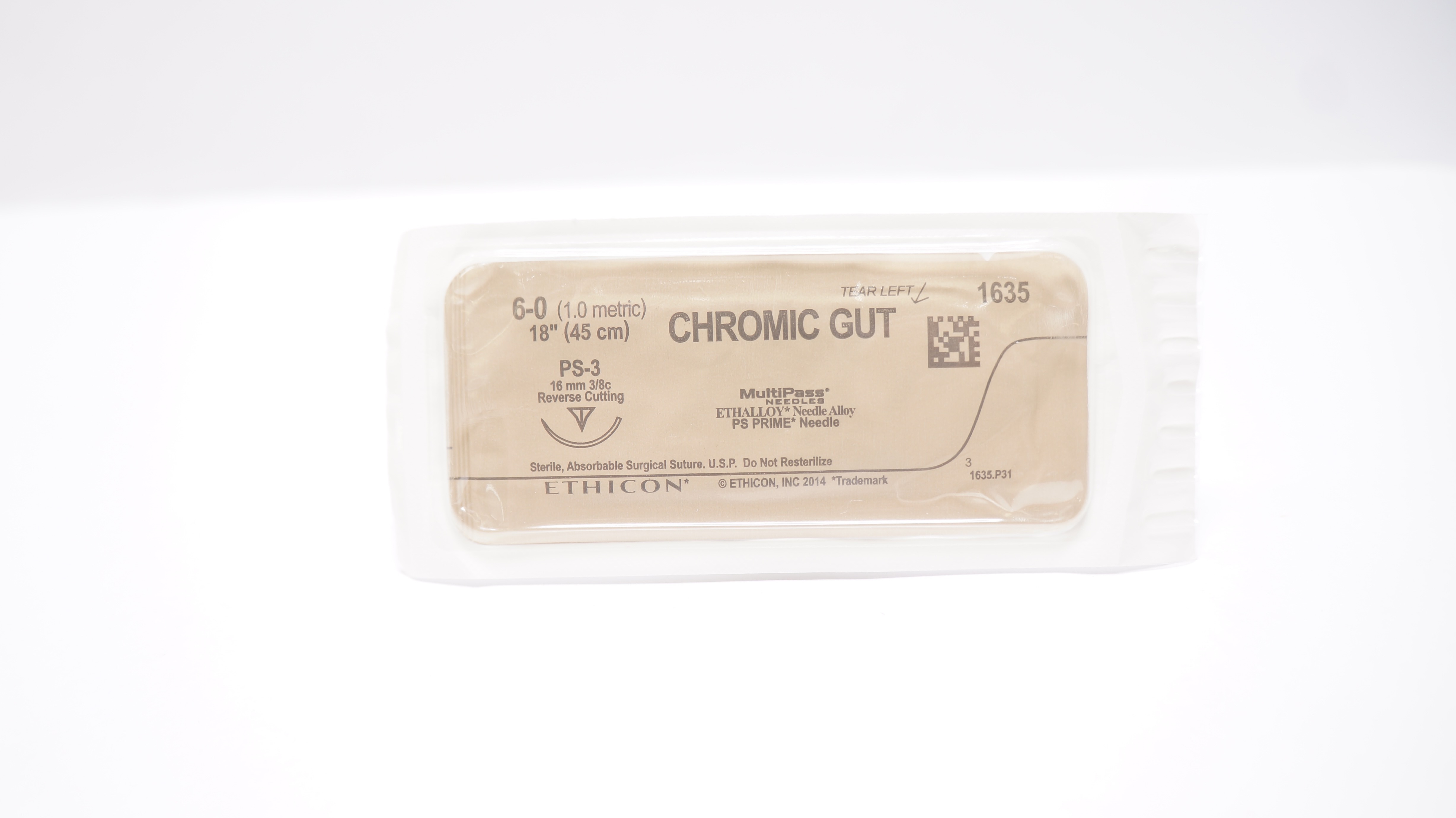Ethicon 1635 6-0 Chromic Gut, PS-3,  16mm 3/8c Reverse Cutting, 18inch (x)