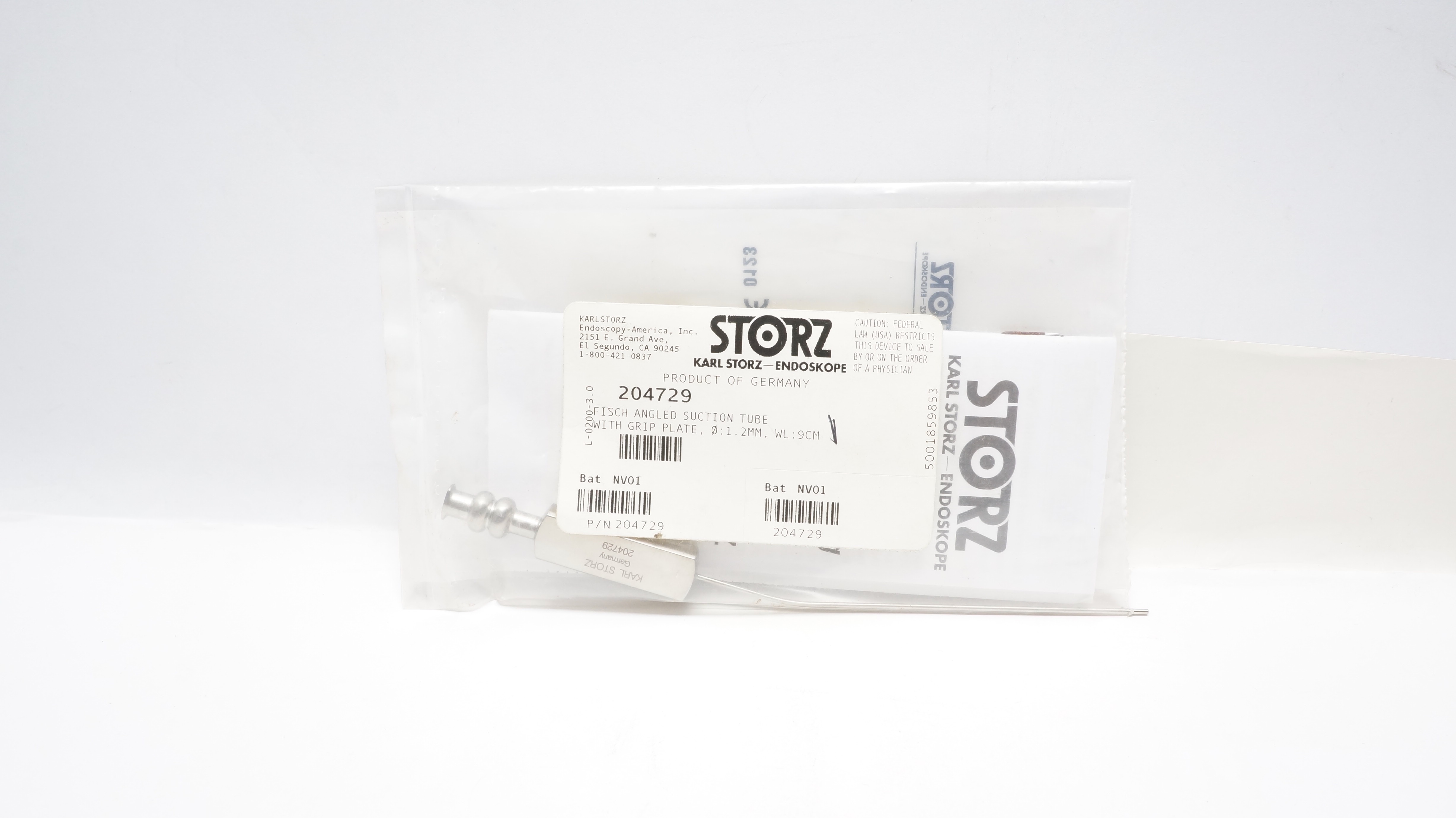 Karl Storz 204729 FISCH Angled Suction Tube w/Grip Plate, Diameter 1.2mm, WL 9cm