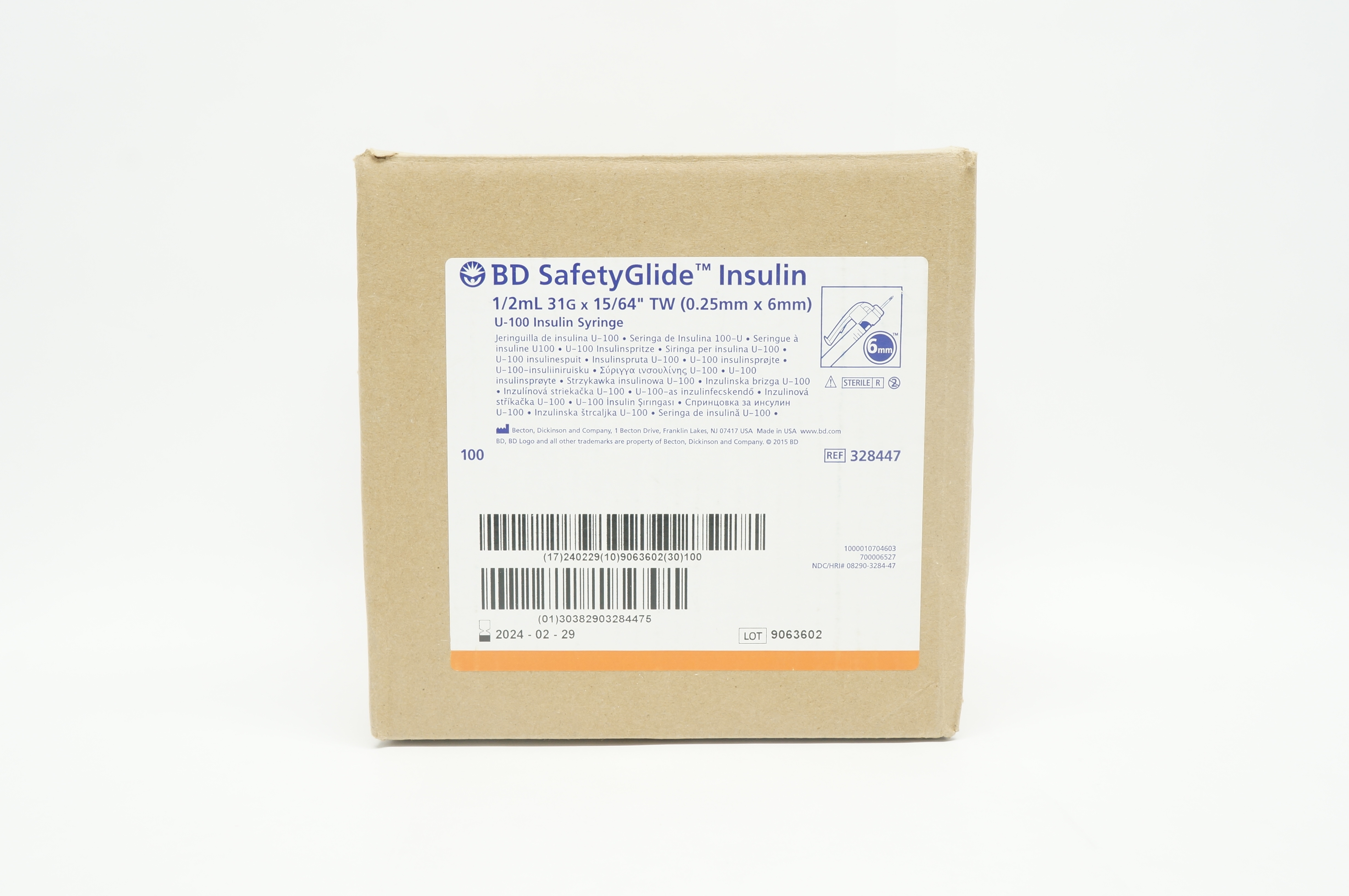 BD 328447 SafetyGlide Insulin Syringe 1/2mL, 31G x 15/64inch TW - Box of 100