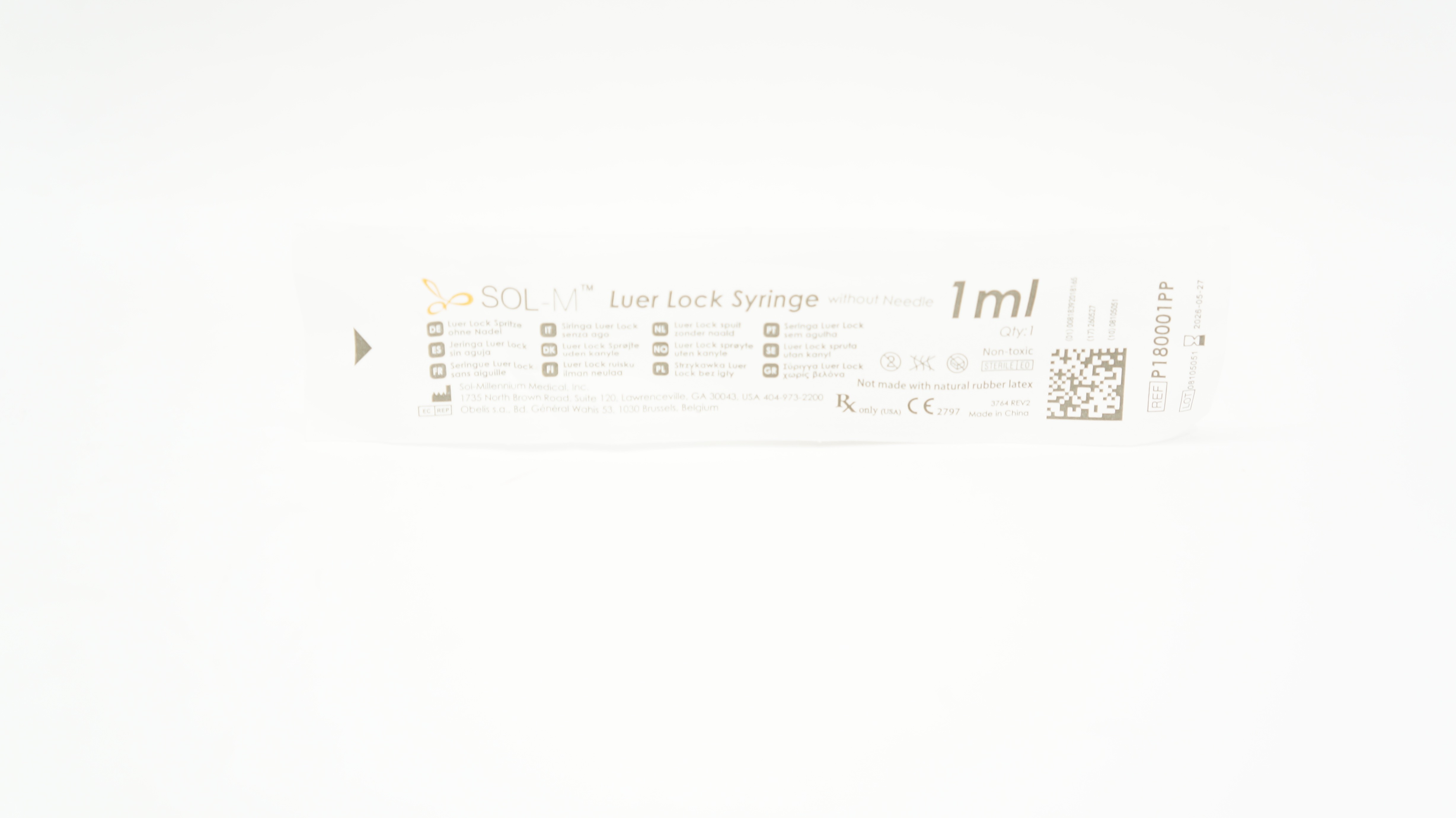 Sol-Millennium Medical P180001PP Luer Lock Syringe Without Ndle 1mL
