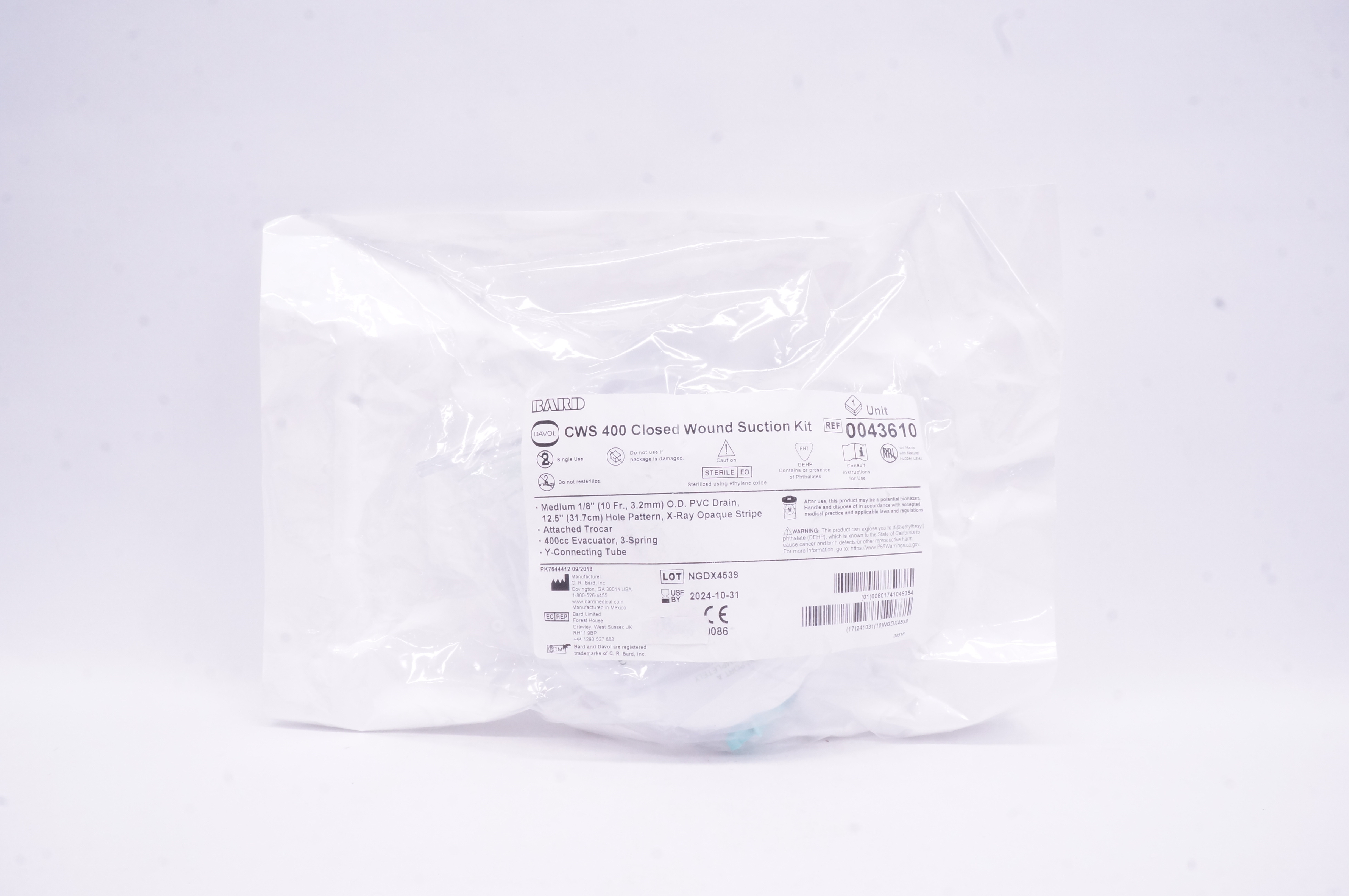 Bard 0043610 Davol CWS 400 Closed Wound Suction Kit