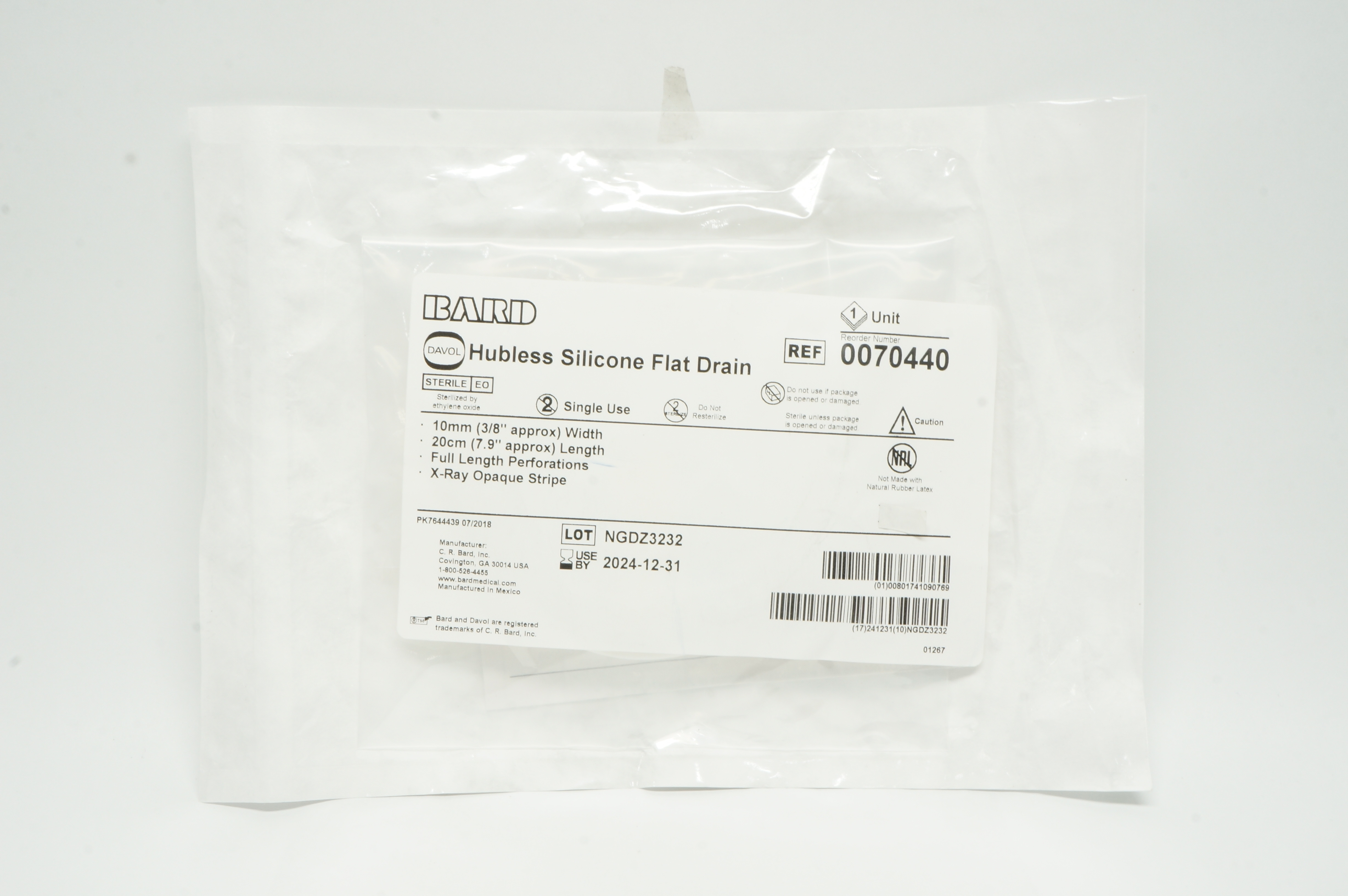 Bard 0070440 Davol Hubless Silicone Flat Drain 3/8inch x 7.9inch