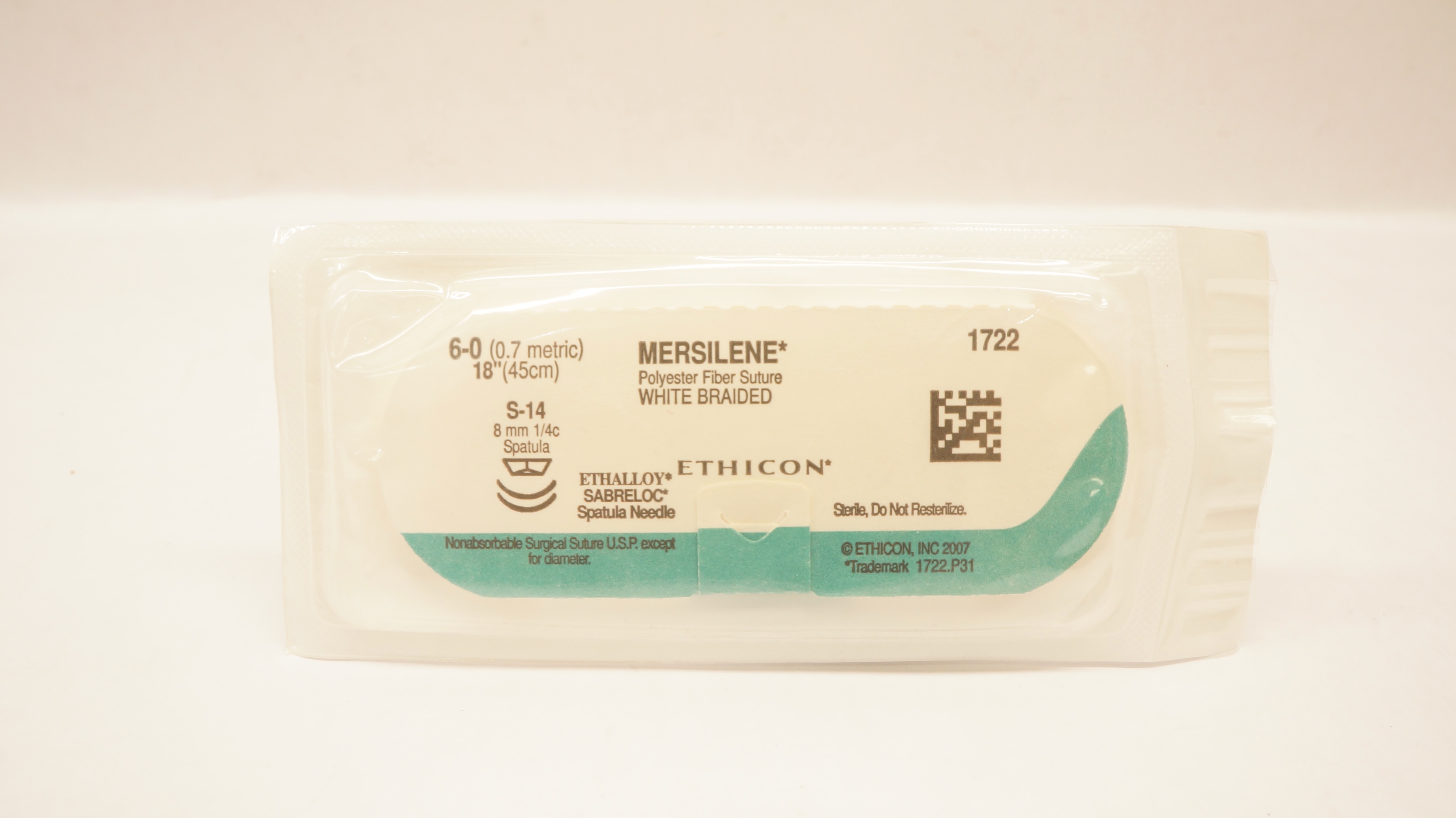 Ethicon 1722 6-0 Mersilene Polyester Fiber Stre S-14 8mm 1/4c Spatula 18inch