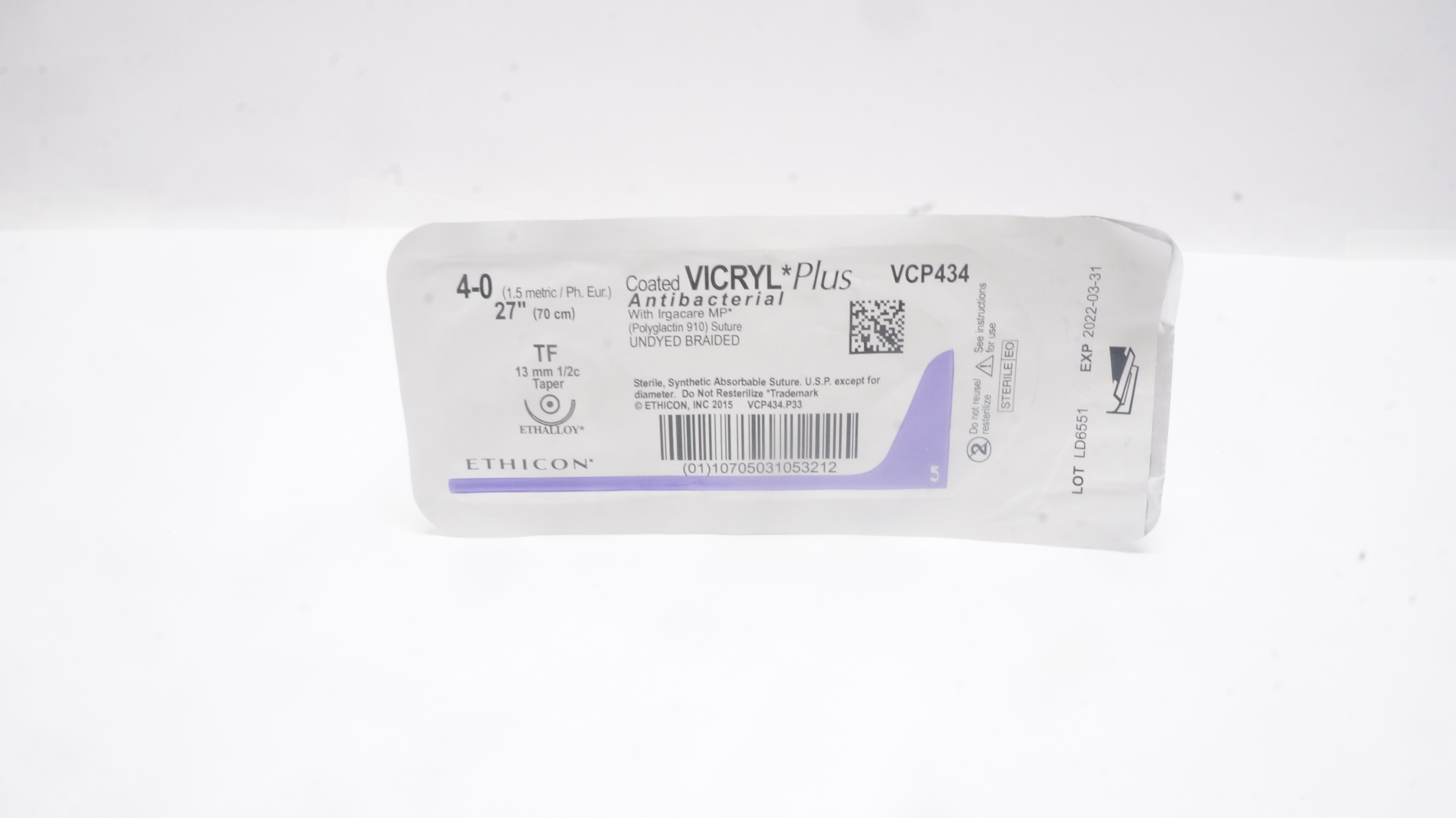 Ethicon VCP434 4-0 VICRYL Plus, TF 13mm 1/2c Taper, Undyed Braided, 27inch (x)