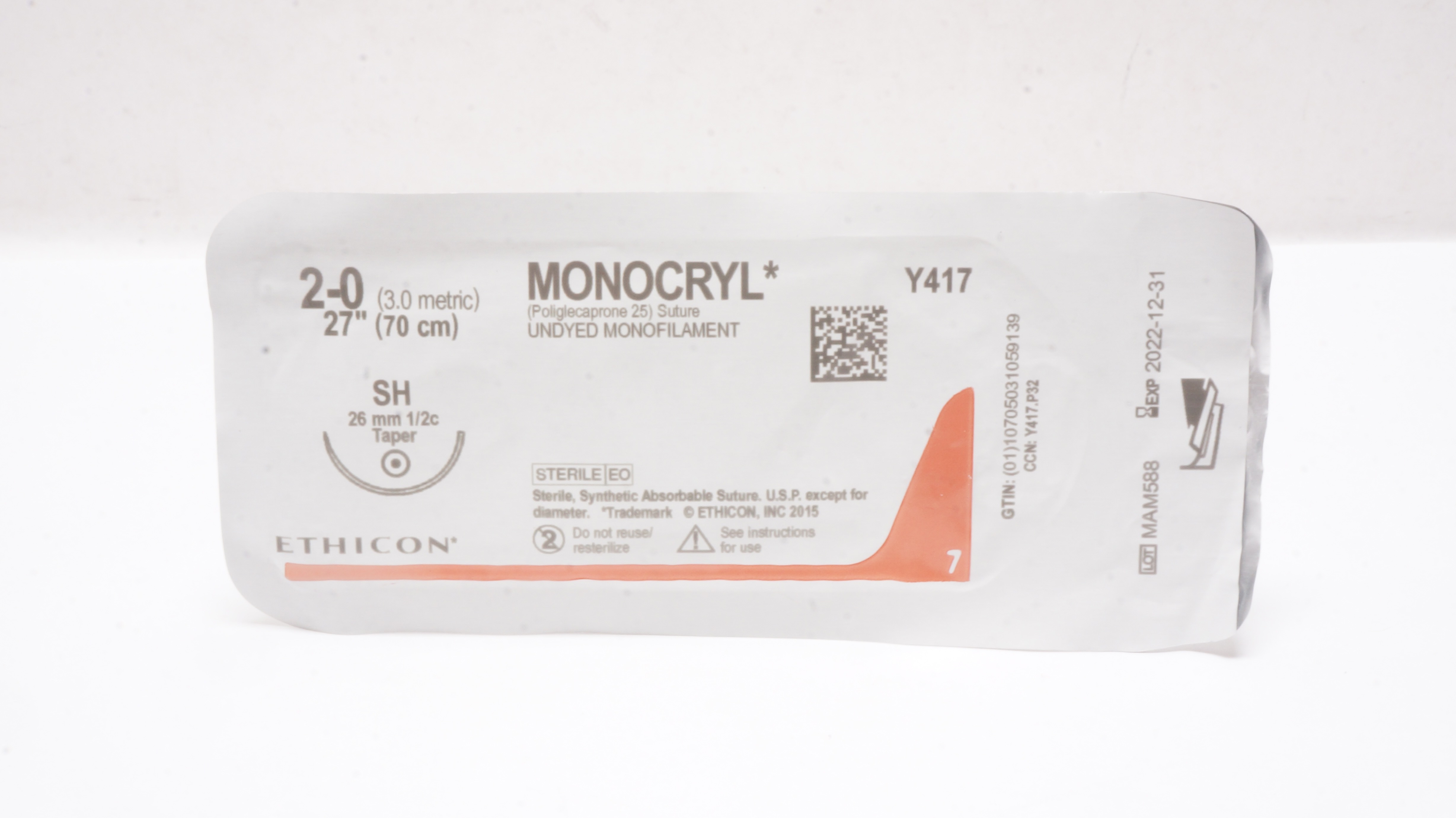 Ethicon Y417 2-0 MONOCRYL Undyed Monofilament SH 26mm 1/2c Taper 27inch (x)