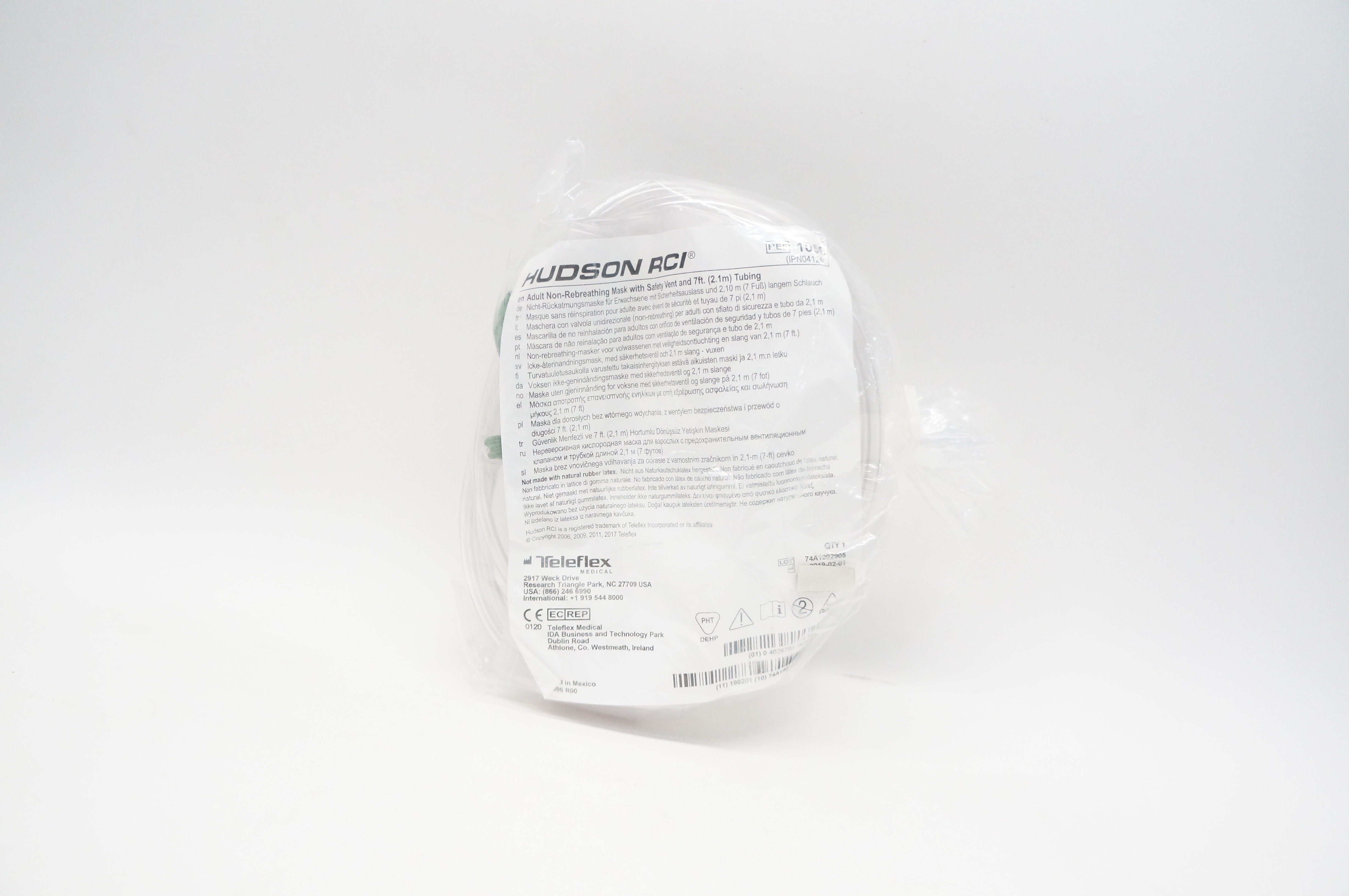Teleflex 1059 Hudson RCI Adult Non-Rebreathing Mask w/Safety Vent & 7 ft. Tubing
