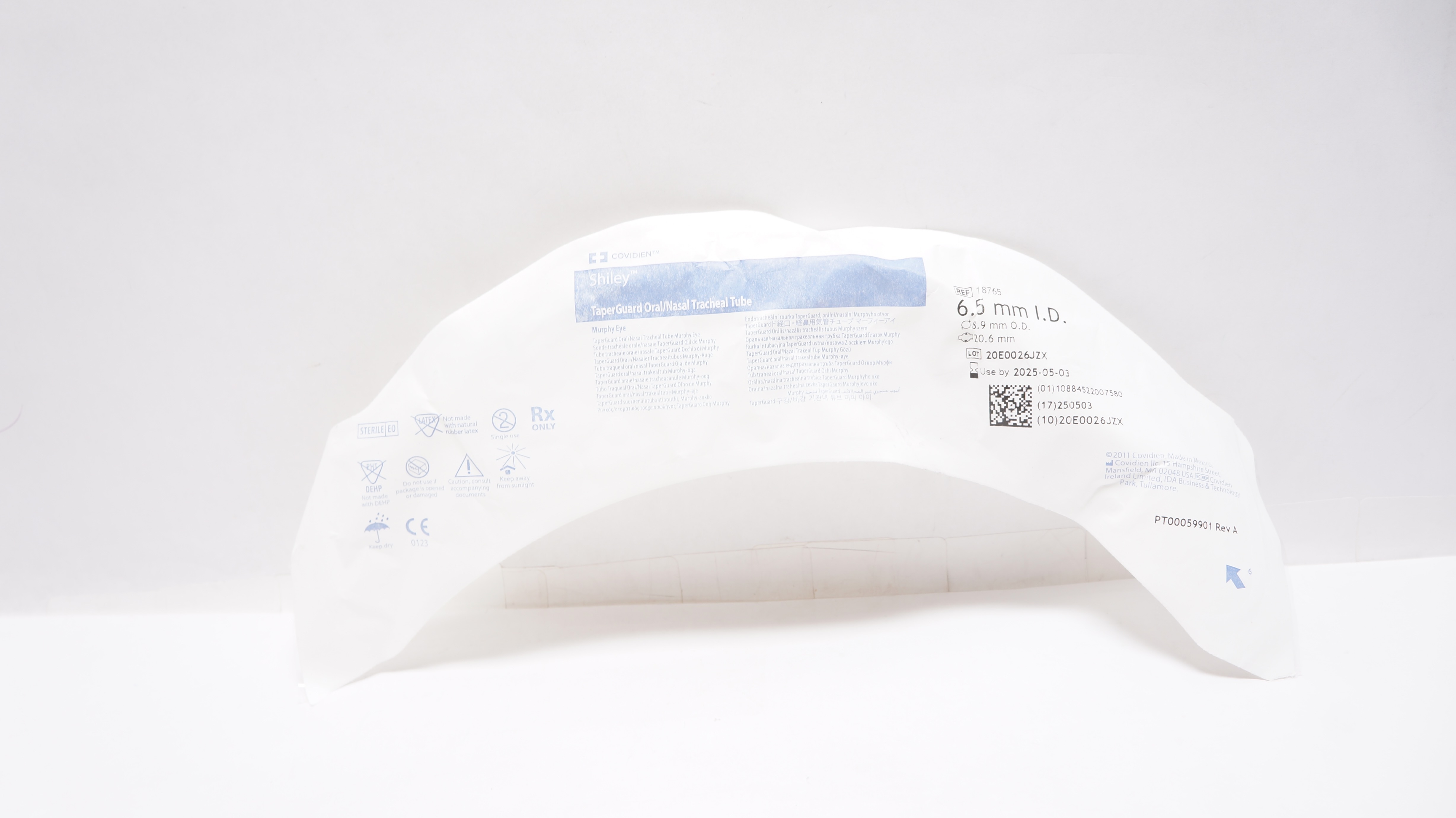 Covidien 18765 Shiley TaperGuard Oral/Nasal Tracheal Tube 6.5ID x 8.9OD x 20.6mm