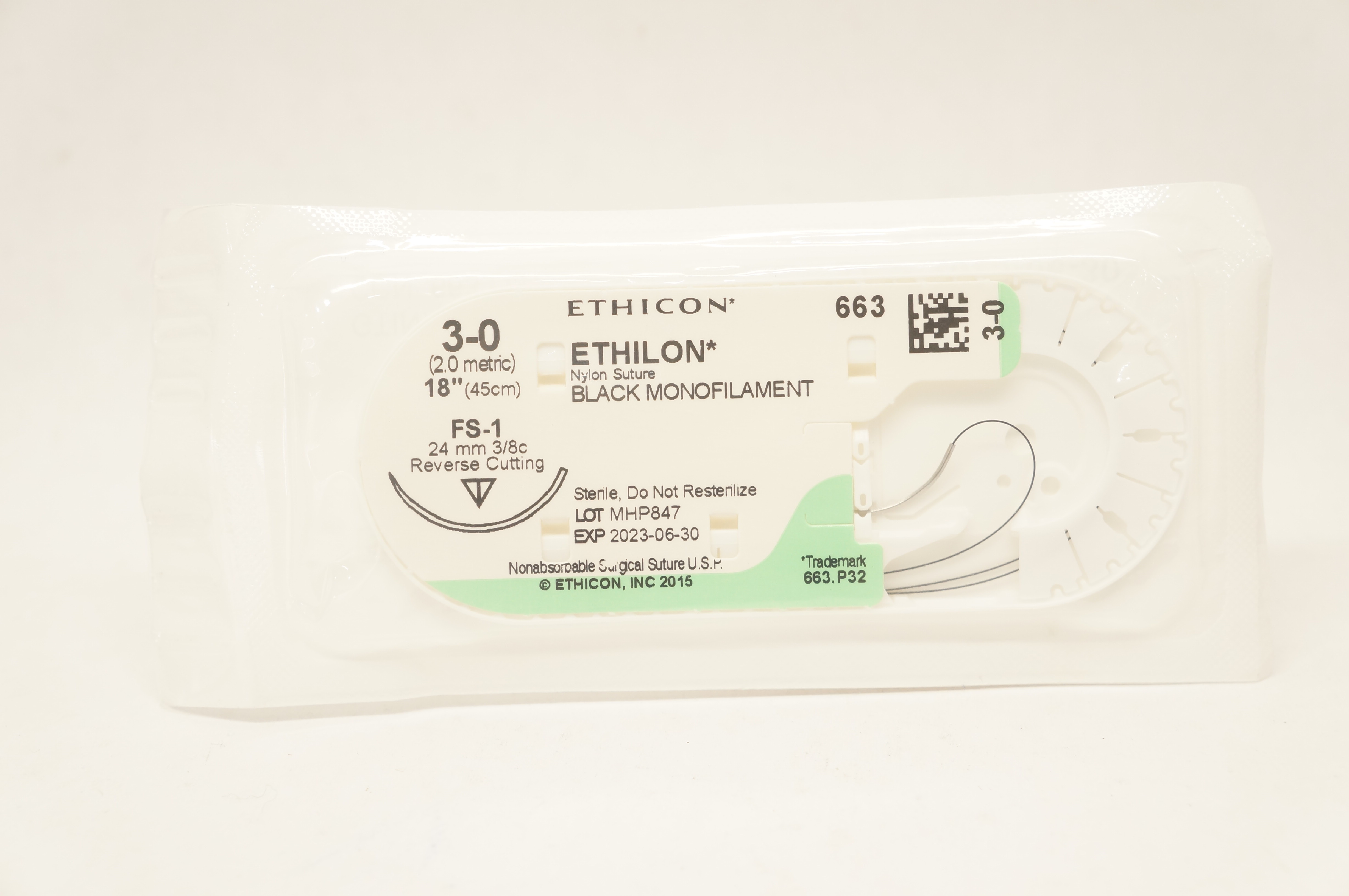 Ethicon 663 3-0 Ethilon Nylon Stre. FS-1, 24mm 3/8c Reverse Cutting, 18inch