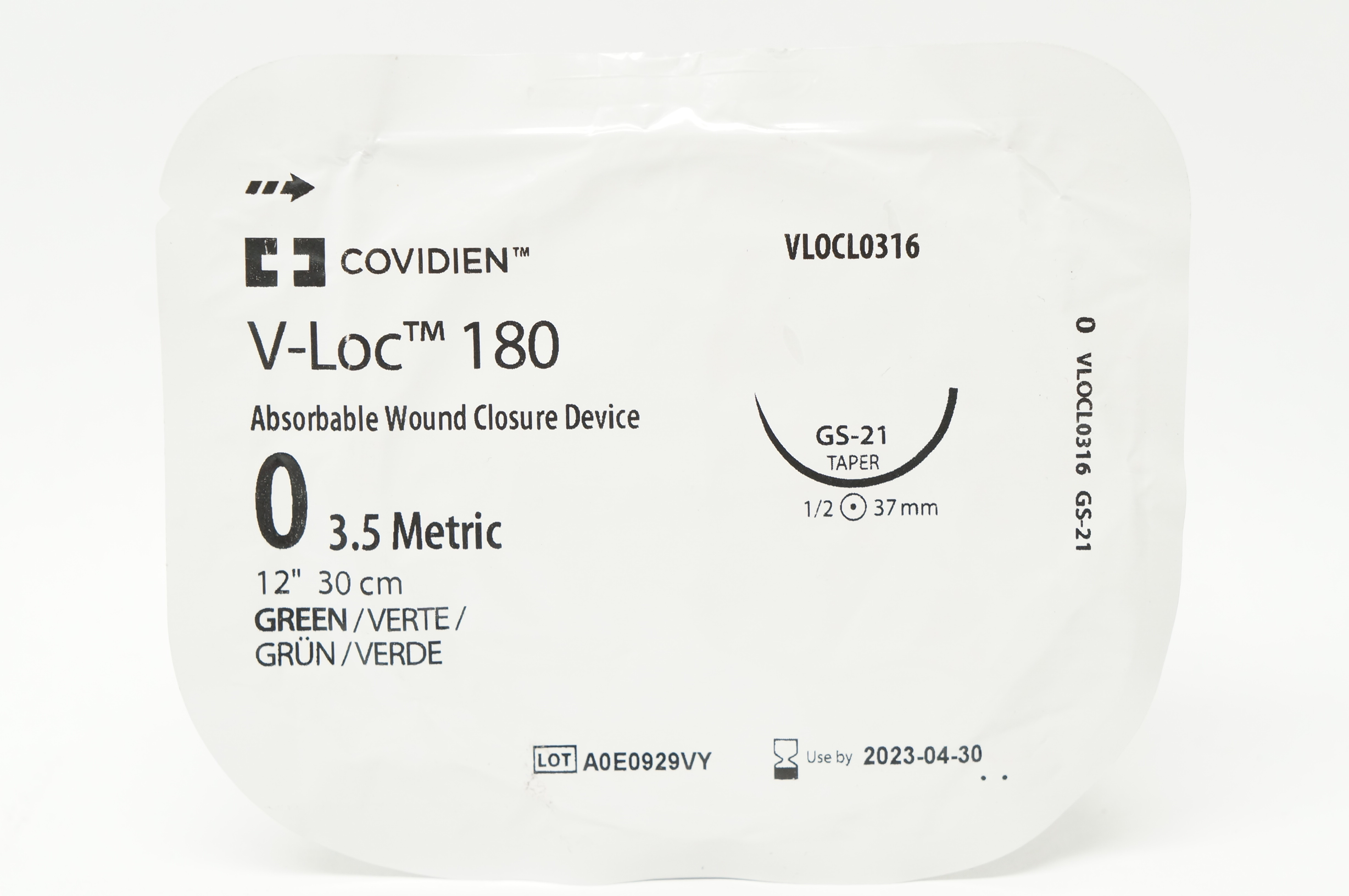 Covidien VLOCL0316 0 V-Loc 180 Wound Closure Device GS-21 Taper 1/2 37mm, 12inch