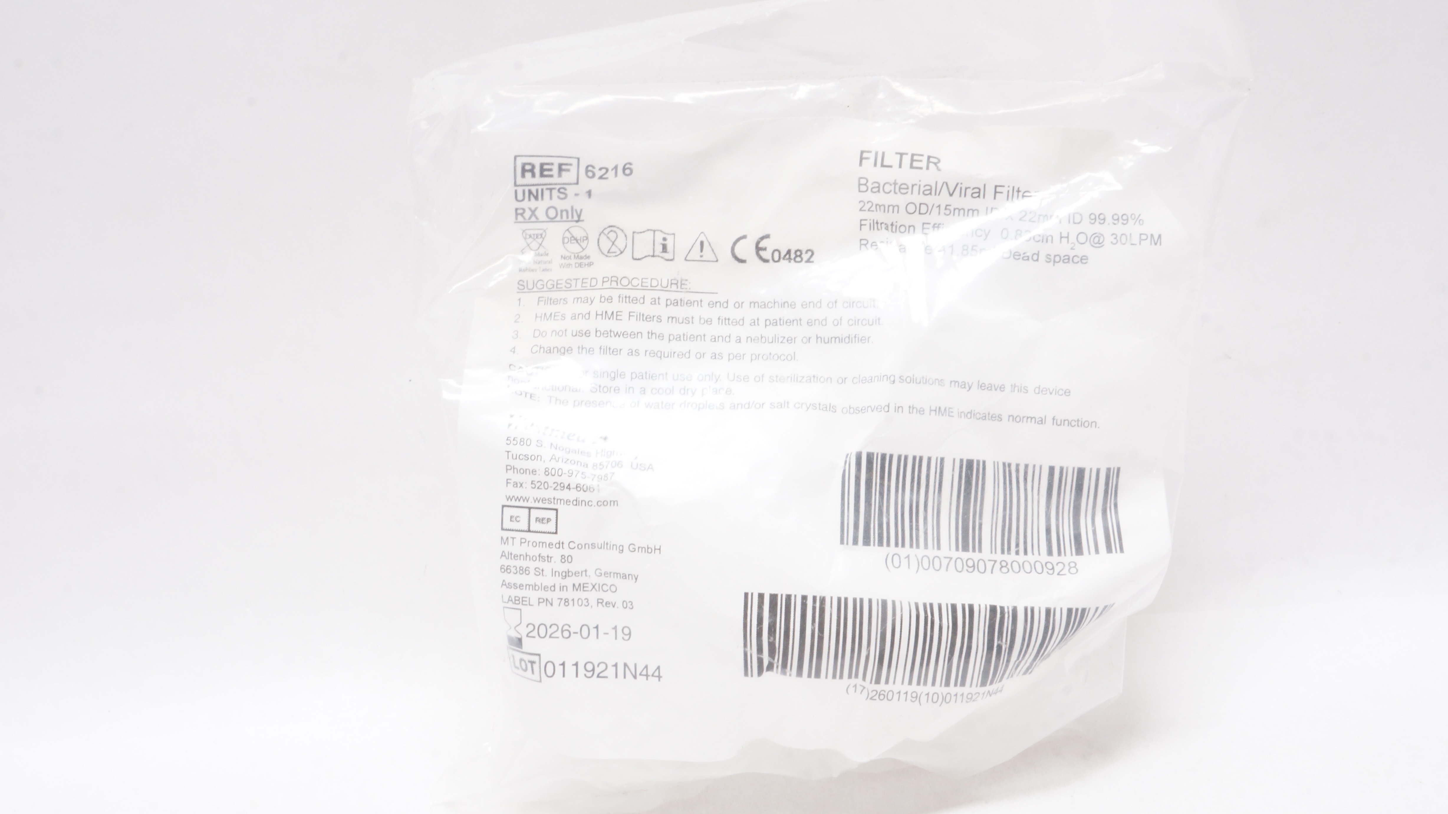 Westmed 6216 Bacterial/Viral Filter 22mmx 15mm x 22mm