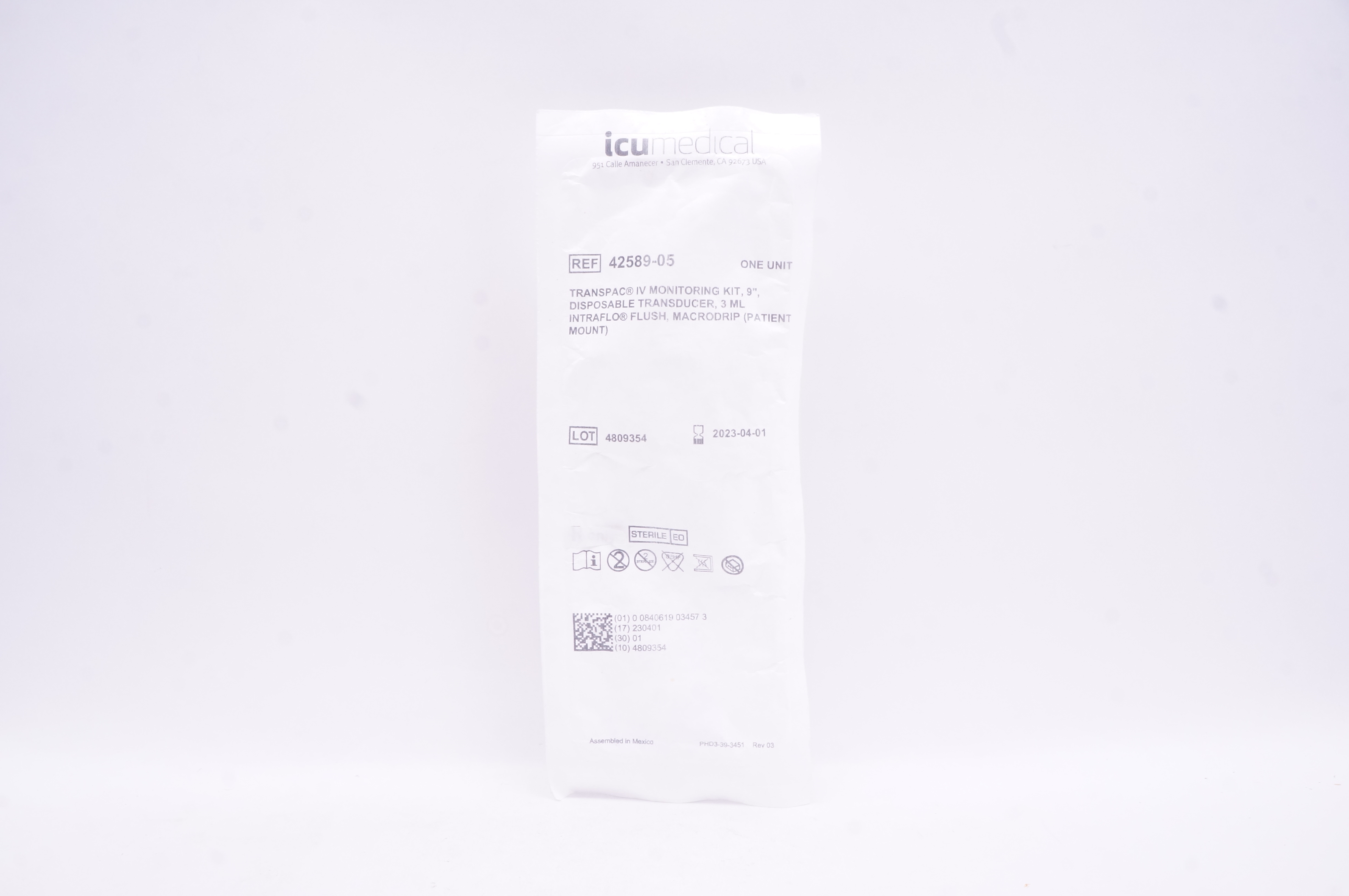 ICU Medical 42589-05 Transpac IV Monitoring Kit 9inch Transducer