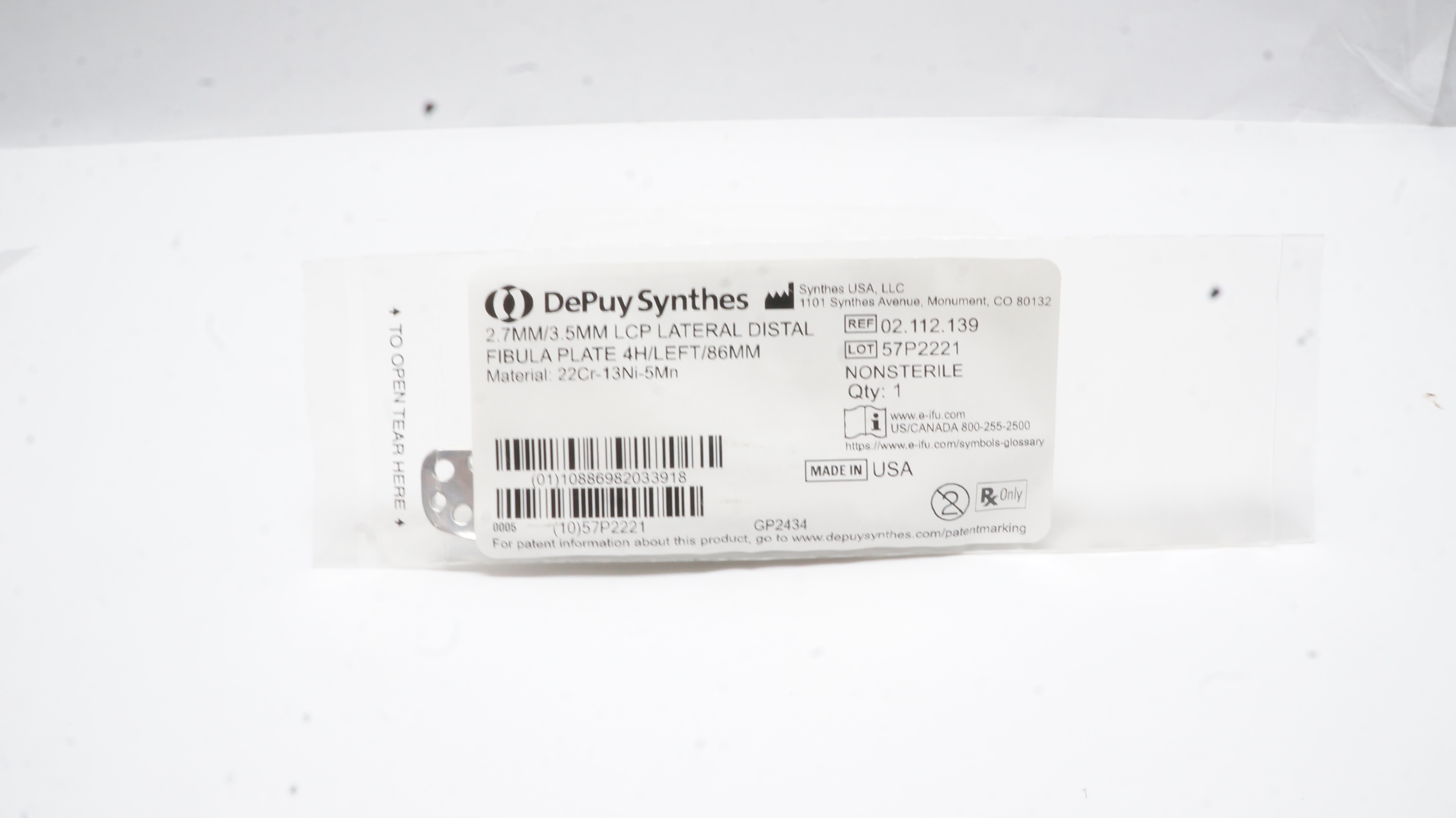 DePuy Synthes 02.112.139 2.7/3.5mm LCP Lateral Distal Fibula Plate 4H/Left 86mm