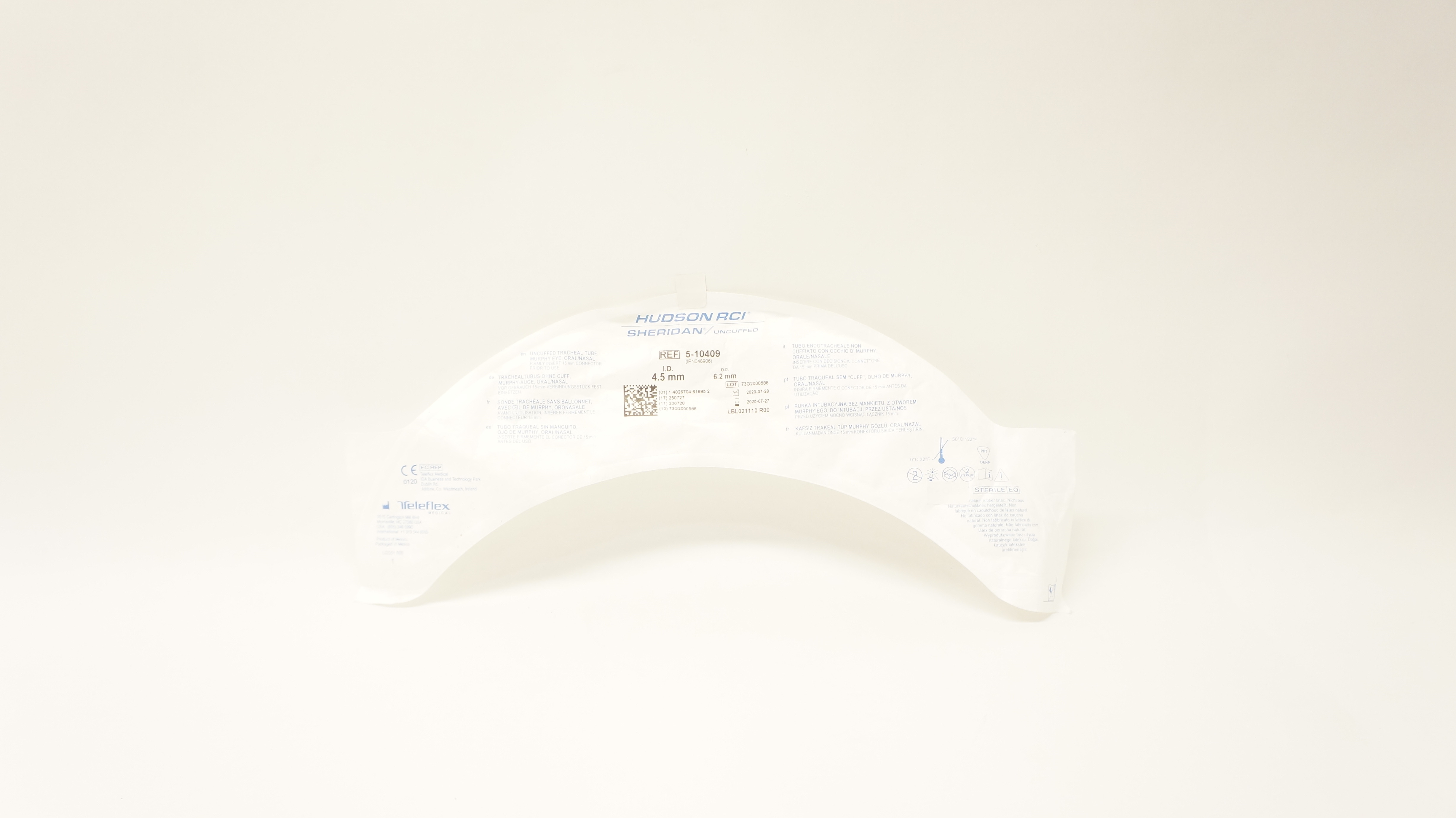 Teleflex 5-10409 Hudson RCI Sheridan Uncuffed Tracheal Tube 4.5mm ID x 6.2mm OD