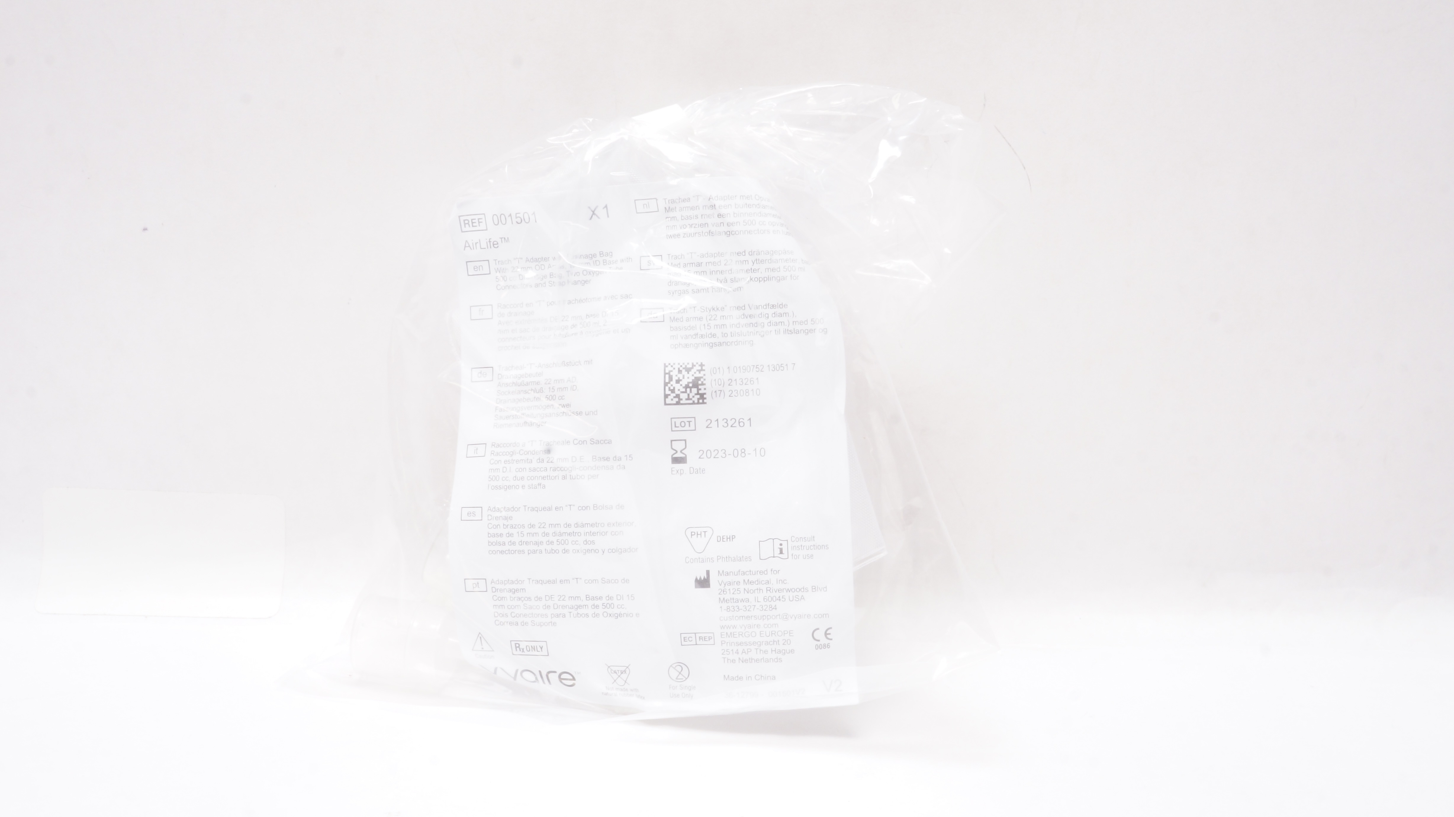 Vyaire 001501 AirLife Trach T Adapter with Drainage Bag 500cc