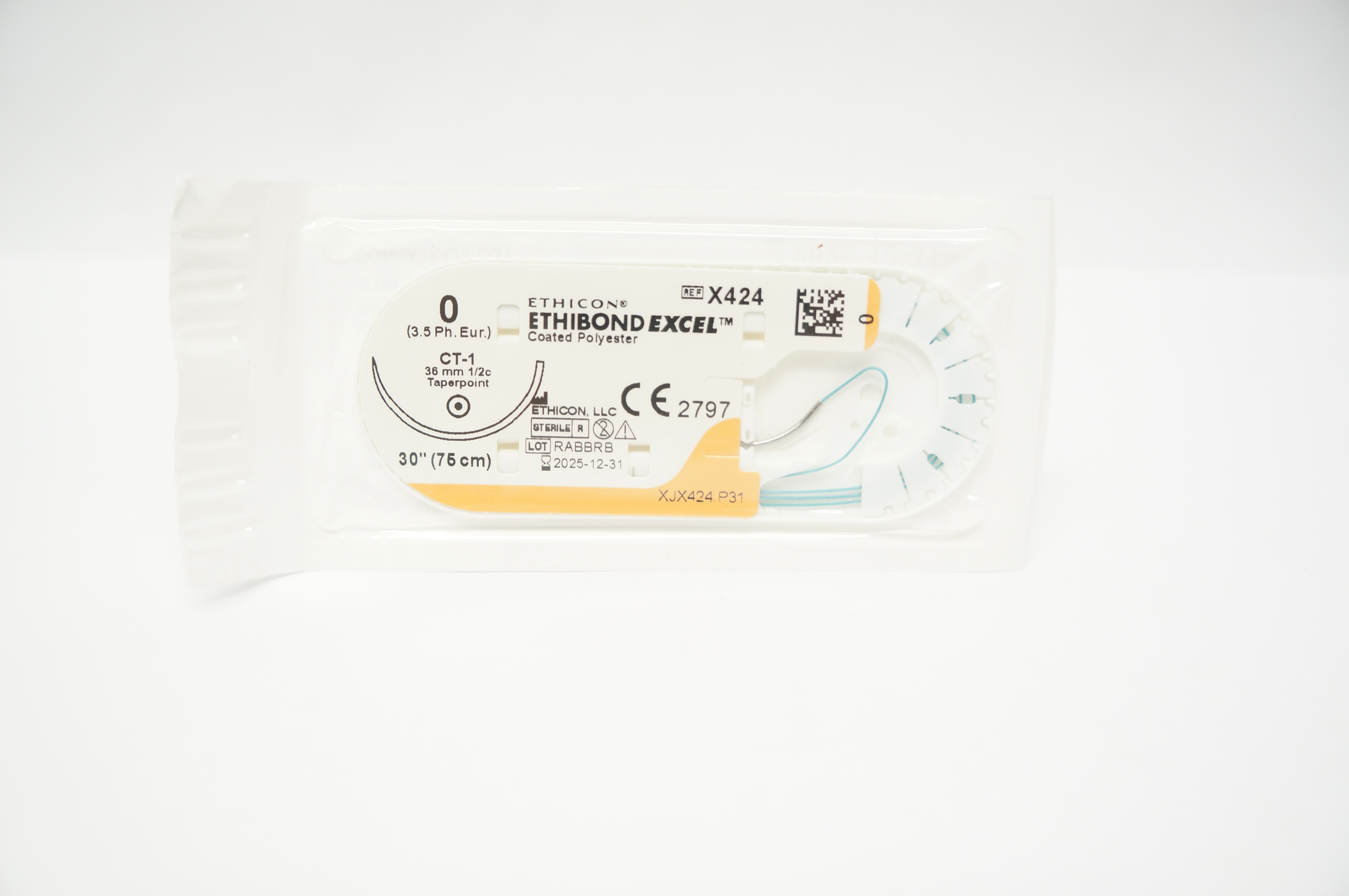 Ethicon X424 0 ETHIBOND EXCEL Coated Polyester CT-1 36mm 1/2c Taper, 30inch