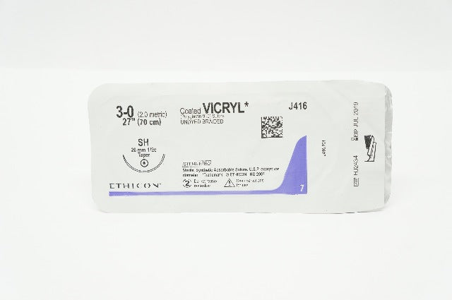 Ethicon J416 3-0 Coated Vicryl Polyglactin Stre, SH 26mm 1/2c Taper, 27inch (x)