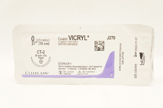 Ethicon J270 0 Coated VICRYL Undyed Braided,CT-2 26mm 1/2c Taper, 27inch (x)